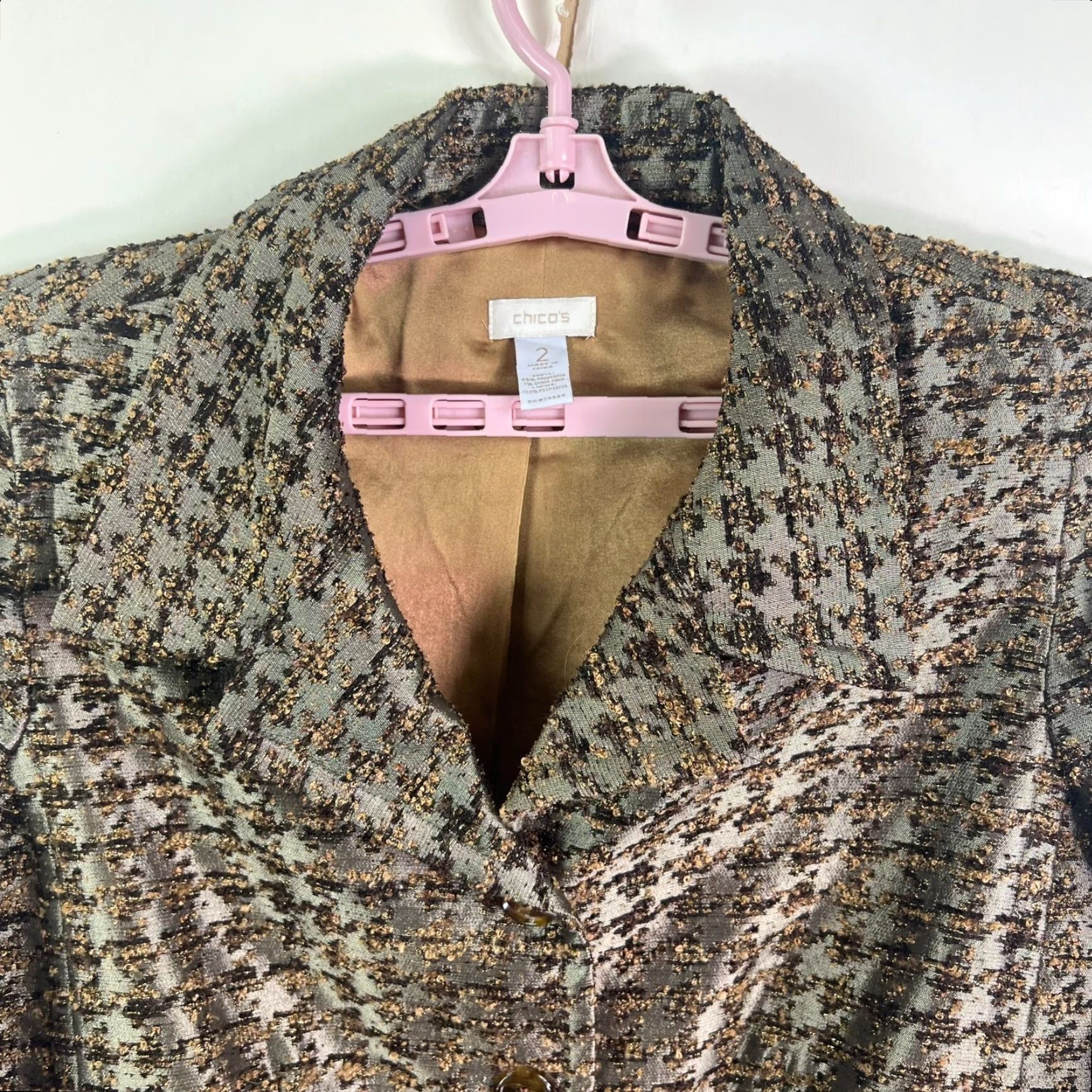 Vintage Chico's Blazer Jacket Women Size 2 Brown Geometric Notch 4-Button Lined Polyester Dressy Lightweight Regular Buttons? Size XS / US 0-2 / IT 36-38 - 4 Thumbnail