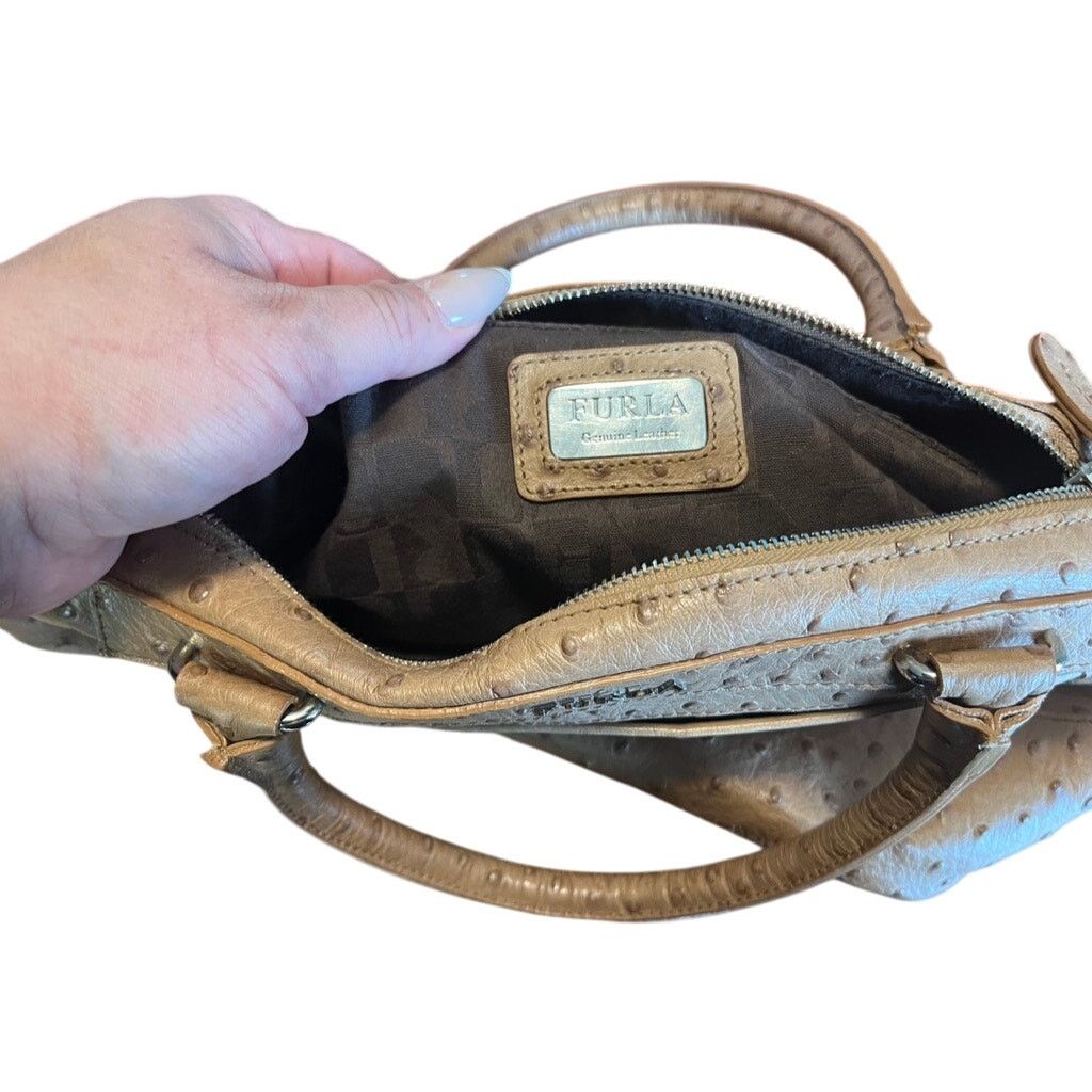 Furla Furla Brown Ostrich Leather Satchel Handbag Purse Tan Size ONE SIZE - 4 Thumbnail