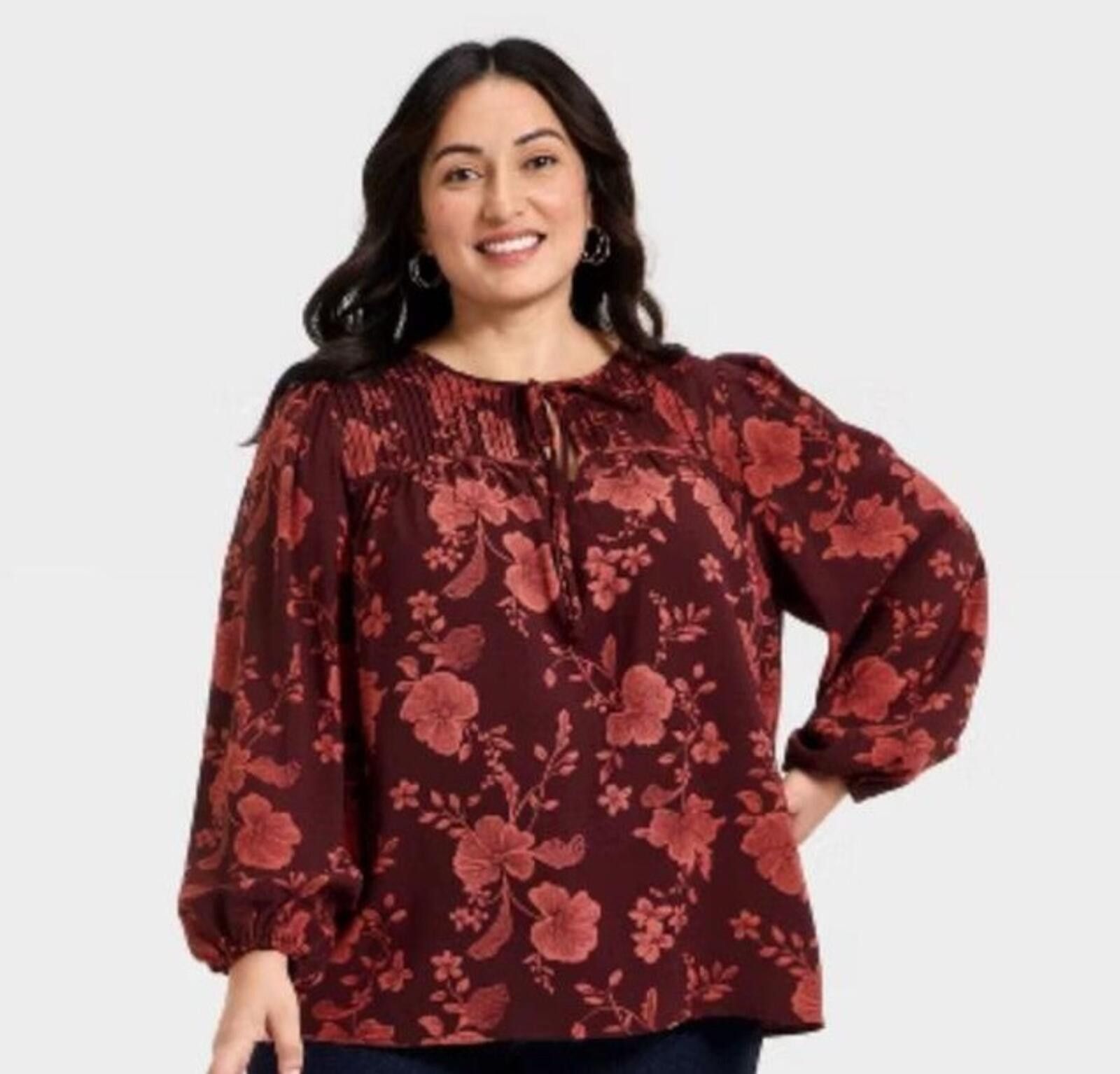 Other 3 x Burgundy flower print Women Bishop Long Sleeve Tie-Front Size 3XL / US 20-22 - 2 Thumbnail