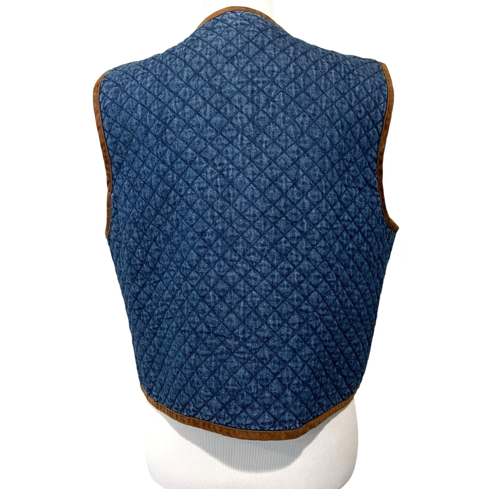 Denime Signature by Jerell Vintage Womens Denim Diamond Quilted Vest Blue Brown Trim Cotton Made USA Sz L Size L / US 10 / IT 46 - 3 Thumbnail