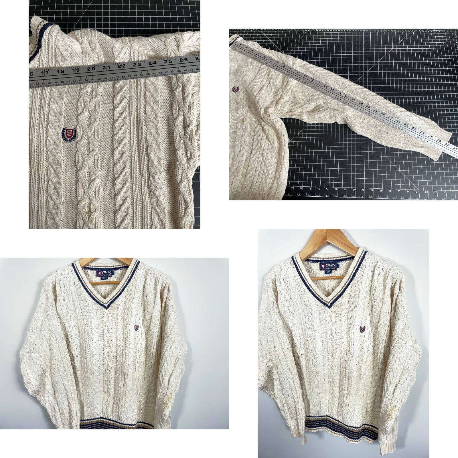 Chaps VINTAGE Chaps Ralph Lauren Tennis Sweater Men’s Large Ivory Cotton Cable Knit V-Neck Pullover Size US L / EU 52-54 / 3 - 8 Thumbnail
