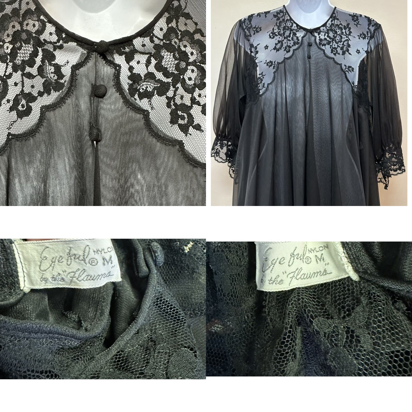Doublet VINTAGE Eyeful Nightgown Adult M Black Nylon Lace Full Sweep Chiffon Double Layer Size ONE SIZE - 8 Thumbnail
