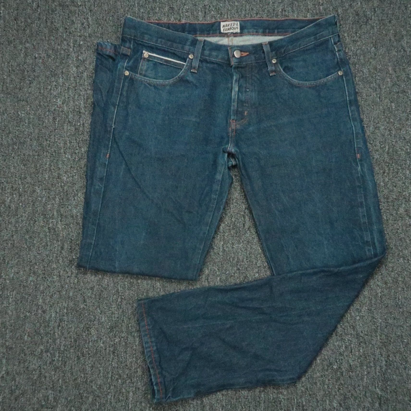 Vintage Naked & Famous Denim Jeans Mens 34x31 Indigo Revival Selvedge Button Fly Slim Straight 5-Pocket Size US 34 / EU 50 - 2 Thumbnail