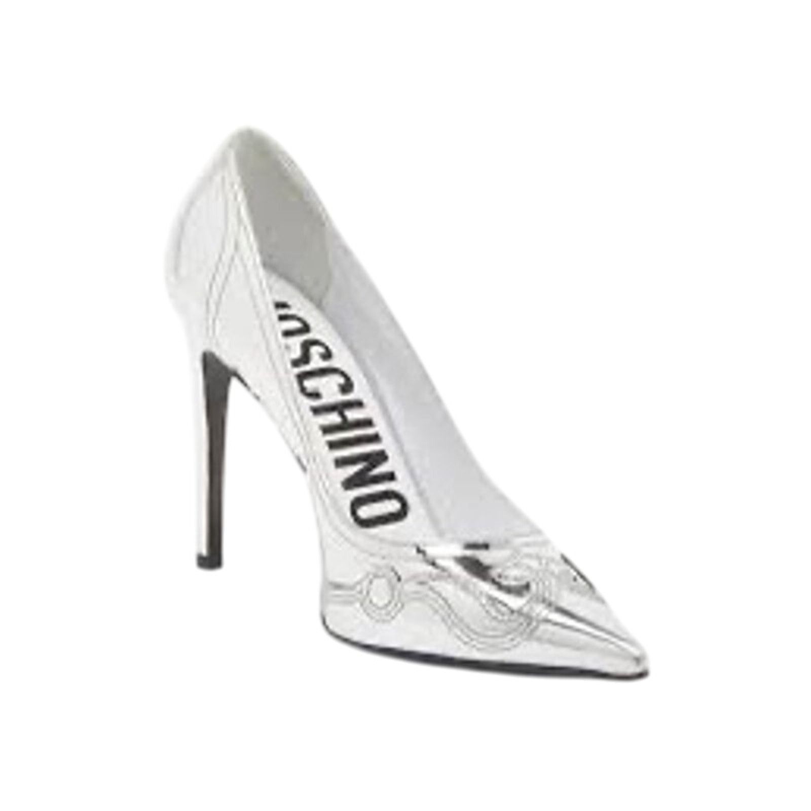 Moschino NIB Question Stitching 100mm Pumps Silver Size 38.5