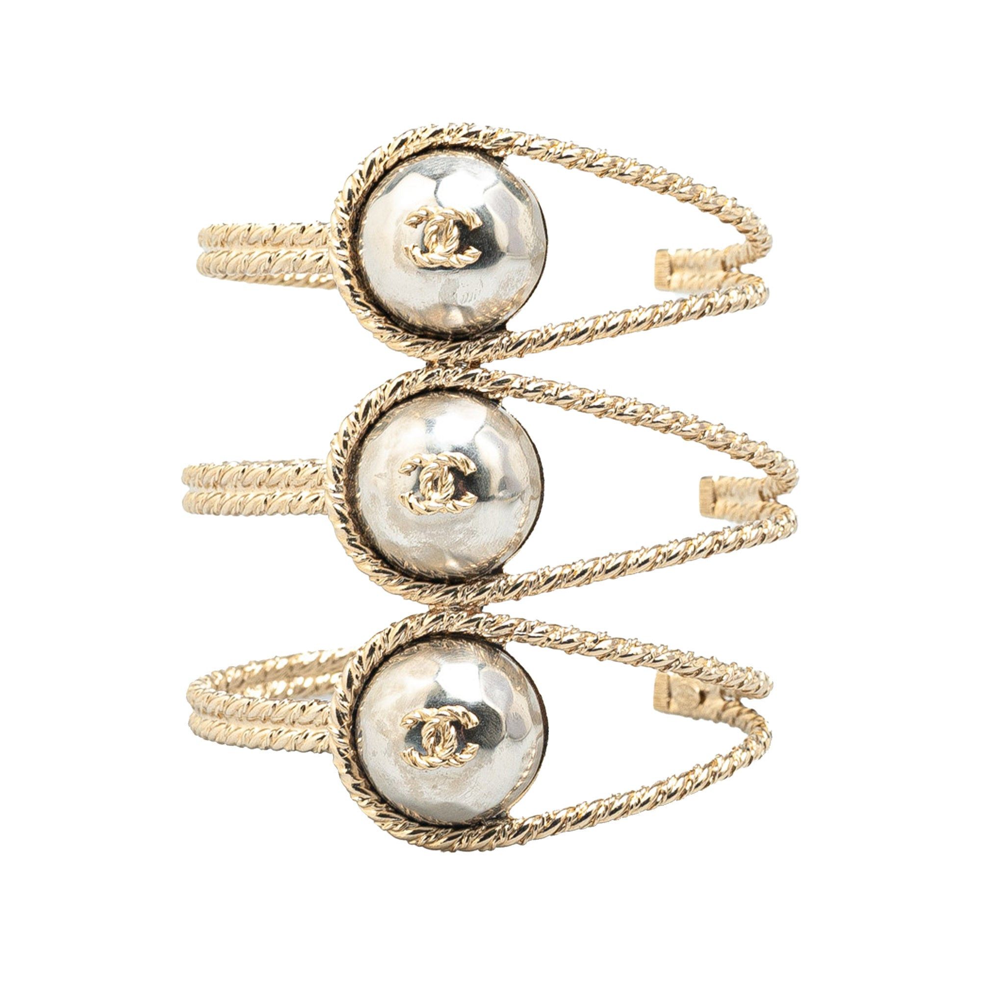 Chanel Chanel Gold Plated Faux Pearl Triple CC Cuff Bracelet Gold Size ONE SIZE - 1 Thumbnail