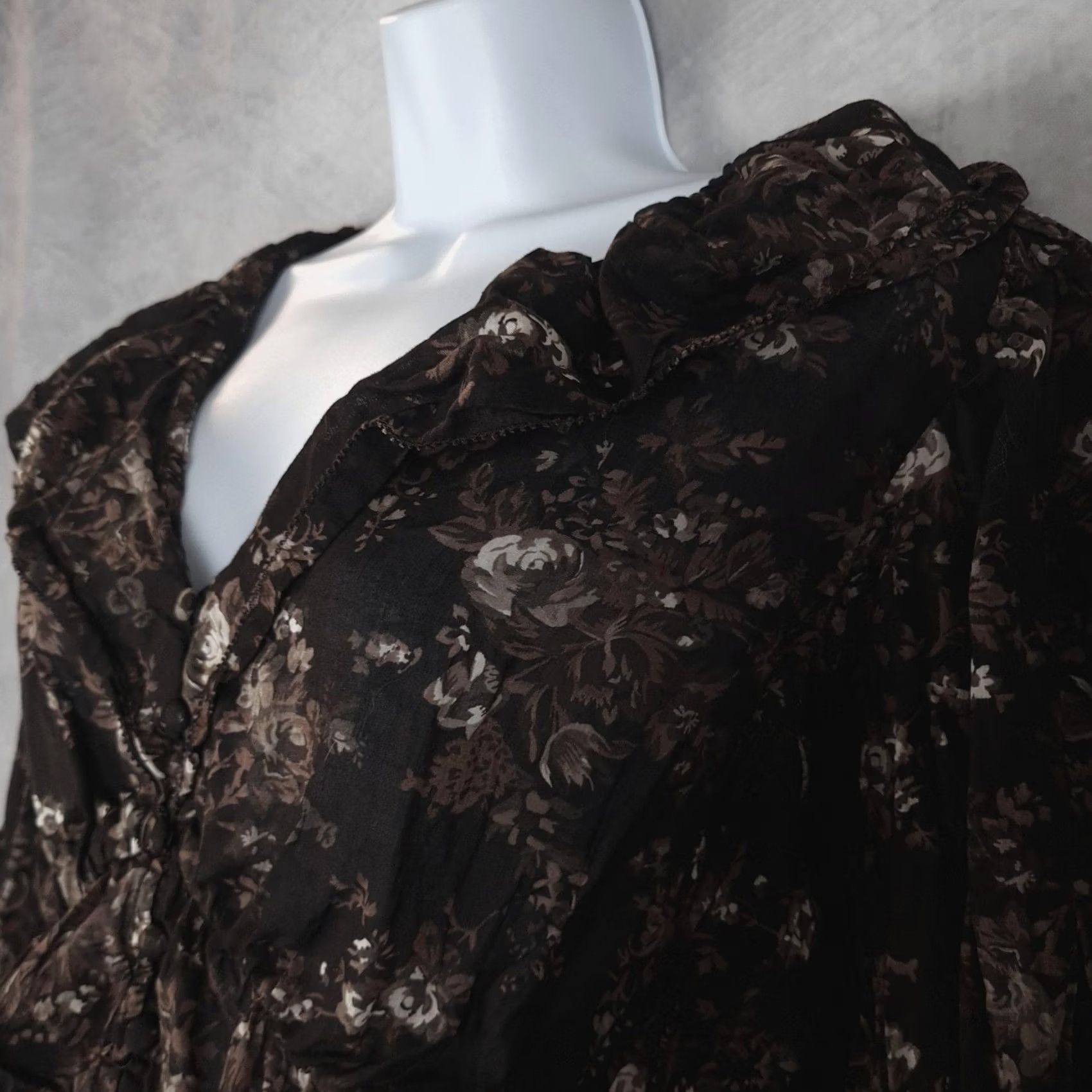 Gap Gap Blouse Womens Medium Brown Floral Ruffle Collar Peplum Sheer V-Neck Button Front Long Sleeve Casual Fall Womens Size M / US 6-8 / IT 42-44 - 3 Thumbnail