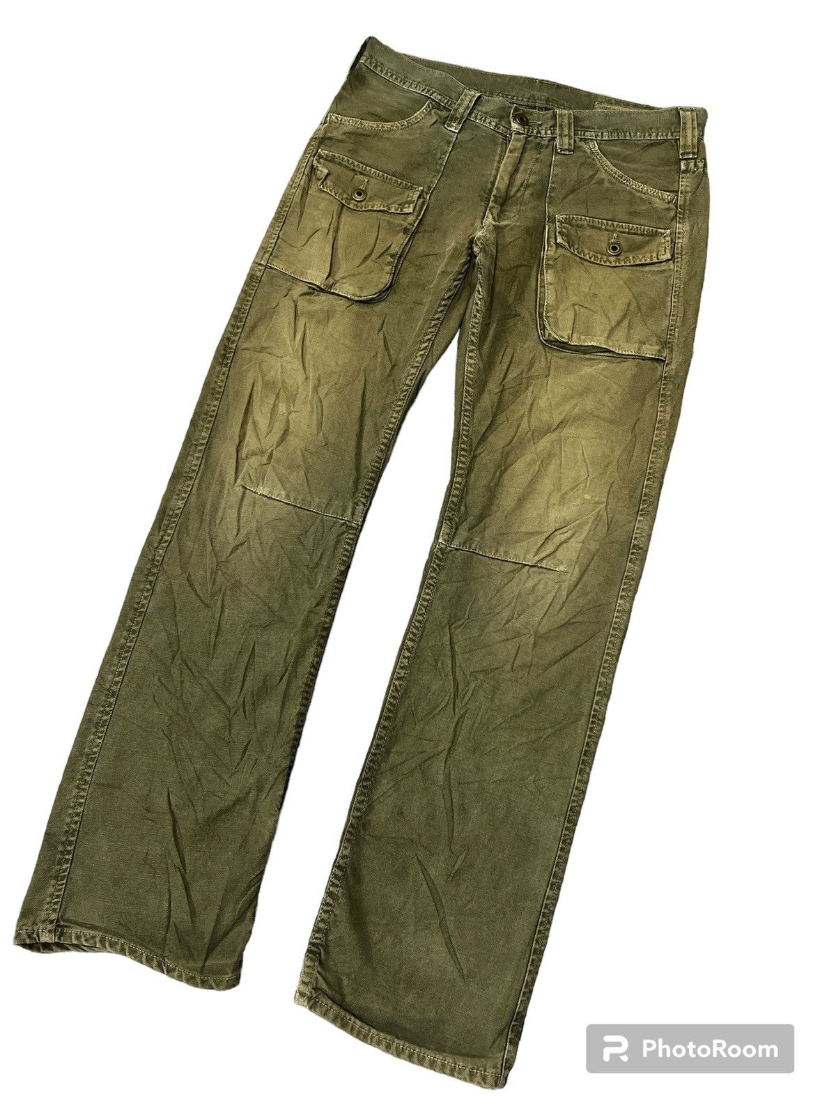 Japanese Brand VINTAGE THRASHED SUN FADED GREEN ARMY BUSH PANT Size US 32 / EU 48 - 4 Thumbnail
