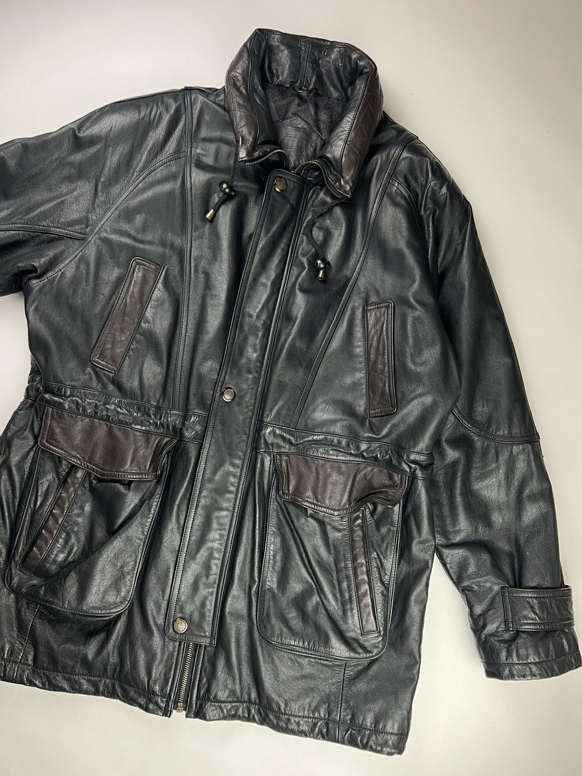 Japanese Brand × Vintage Vintage men's leather jacket black with brown inserts Size US XL / EU 56 / 4 - 8 Thumbnail