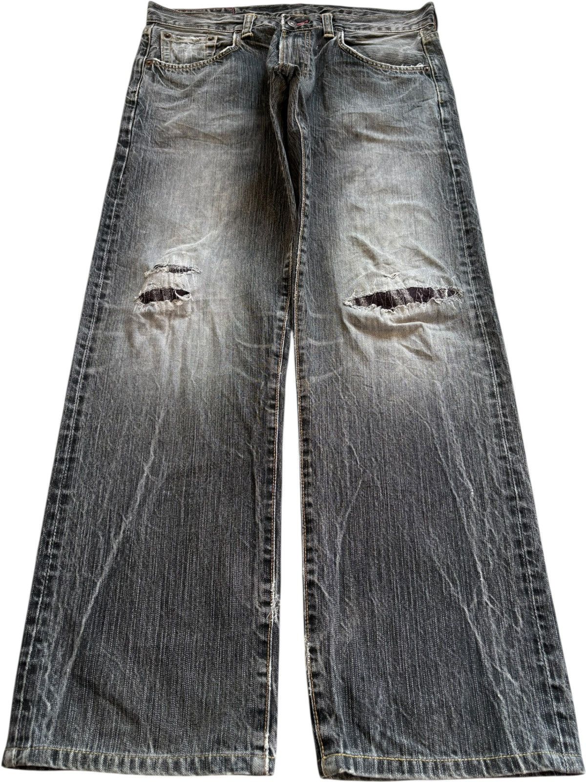 Edwin × Japanese Brand Vintage Edwin 535 Patches Distressed Ripped Loose Baggy Jean Size US 35 - 1 Thumbnail