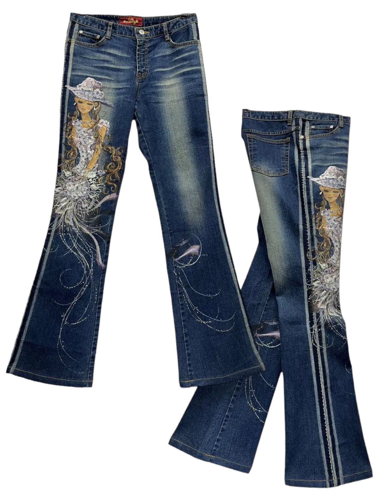 Art Comes First ART💥 CELTA Hand Painting Stretch Denim Flared Size US 29 - 2 Thumbnail