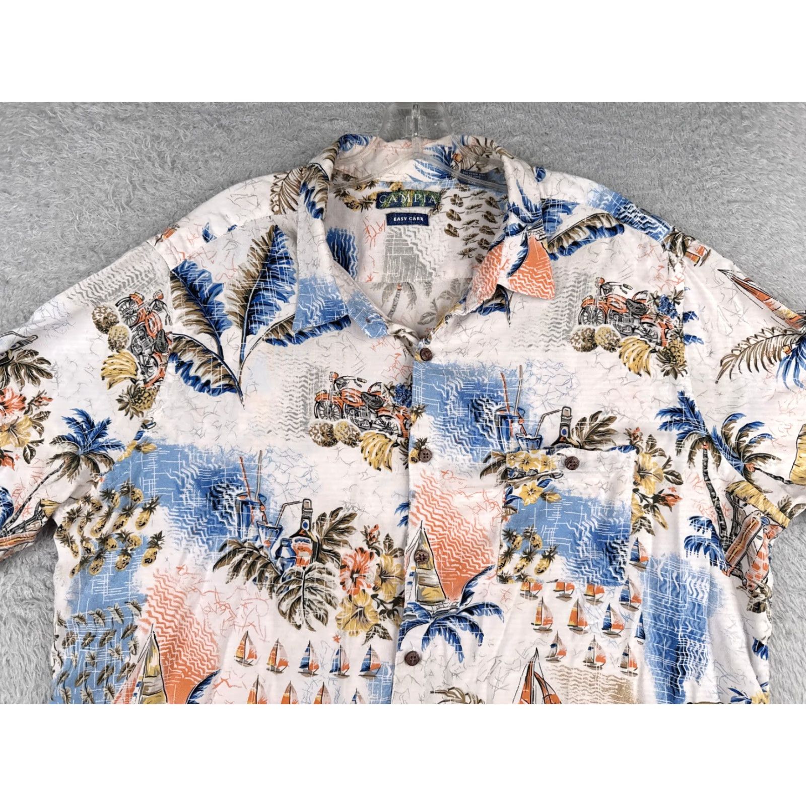 Vintage Campia Shirt Adult 2XL White Sailboat Classic Cars 100% Rayon Hawaiian Campia Moda Men Button-Up Short Sleeve Floral Casual Shirt Size US XXL / EU 58 / 5 - 4 Thumbnail