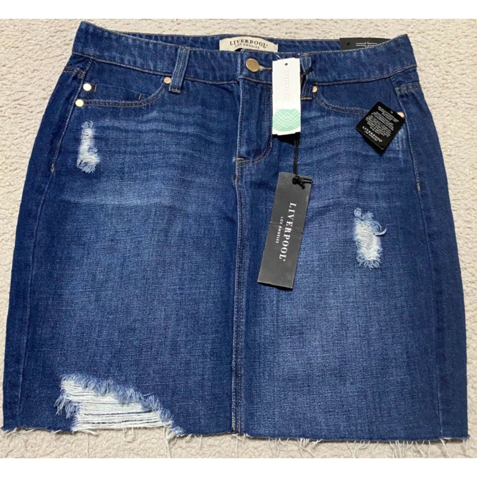 Denime NWT Liverpool Jeans Womens Skirt Blue Denim Distressed Pencil Straight Reyna New 4 Knee Length Cotton Stretch Casual Travel Size 27" / US 4 / IT 40 - 2 Thumbnail