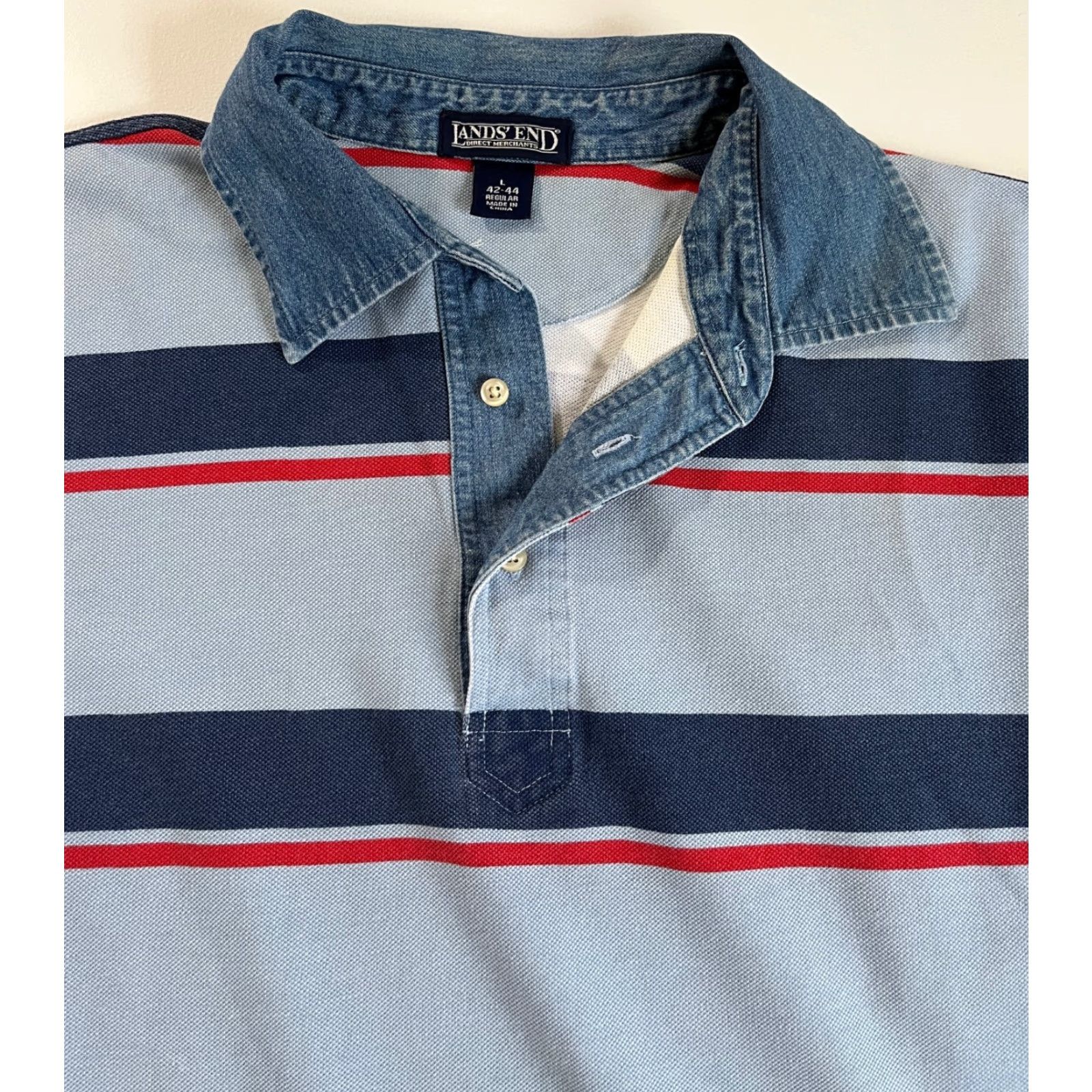 Lands' End Lands' End Polo Shirt Striped Denim Collar Sz L Men’s Short Sleeve Multicolor Cotton Polo Size US L / EU 52-54 / 3 - 5 Thumbnail