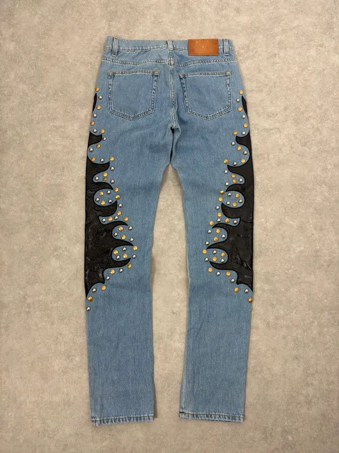Moschino 1990s Moschino Blue Denim & Black Leather Jeans Size US 39 - 7 Thumbnail