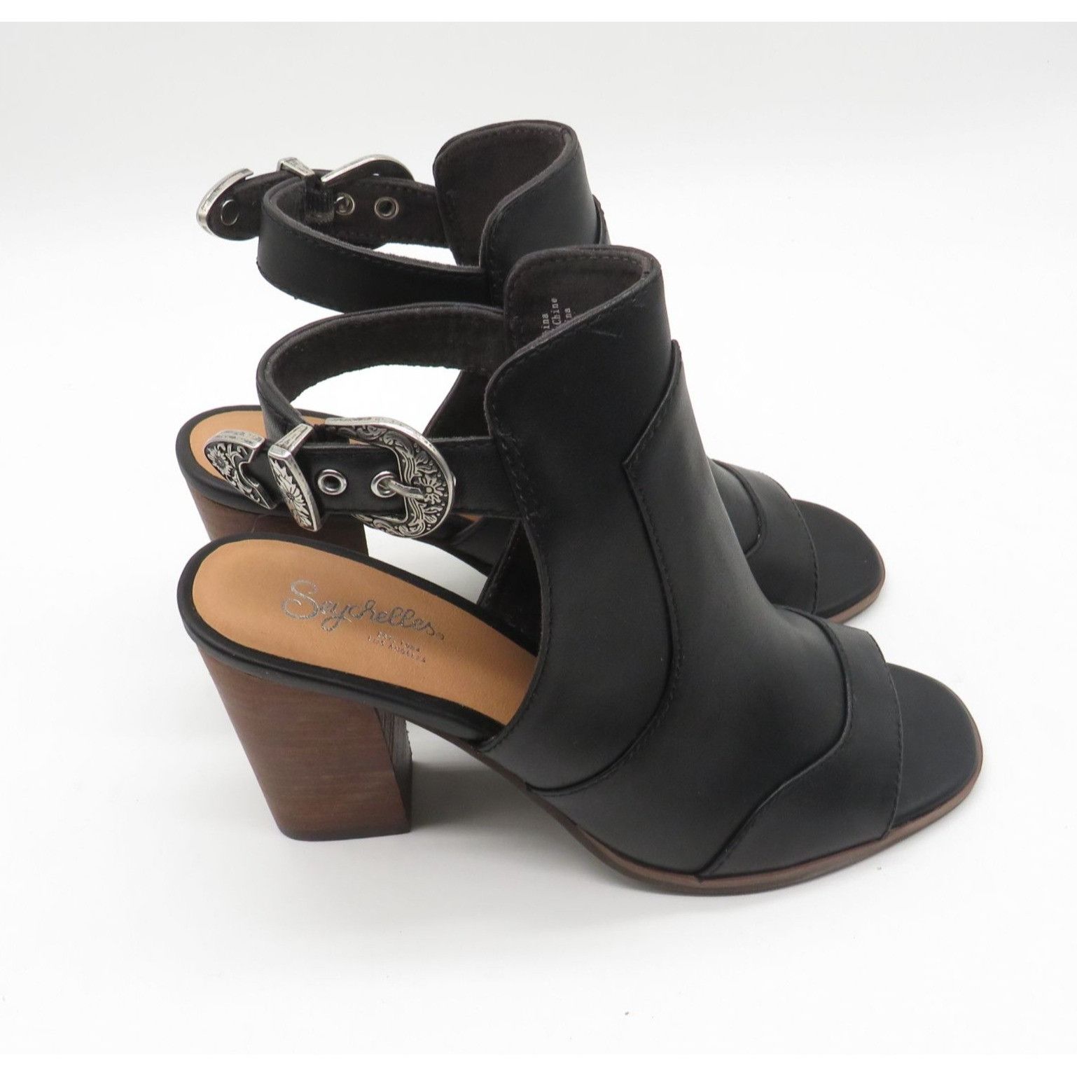 Seychelles Seychelles Women's Black Leather Peep-Toe Heeled Sandals Sil Size US 6 / IT 36 - 1 Thumbnail