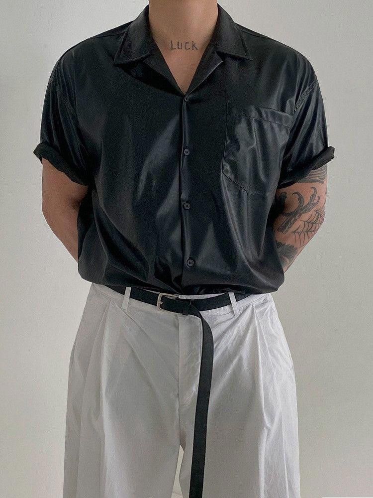 Vintage Black Faux Leather Short Sleeve Shirt Size US M / EU 48-50 / 2 - 2 Thumbnail