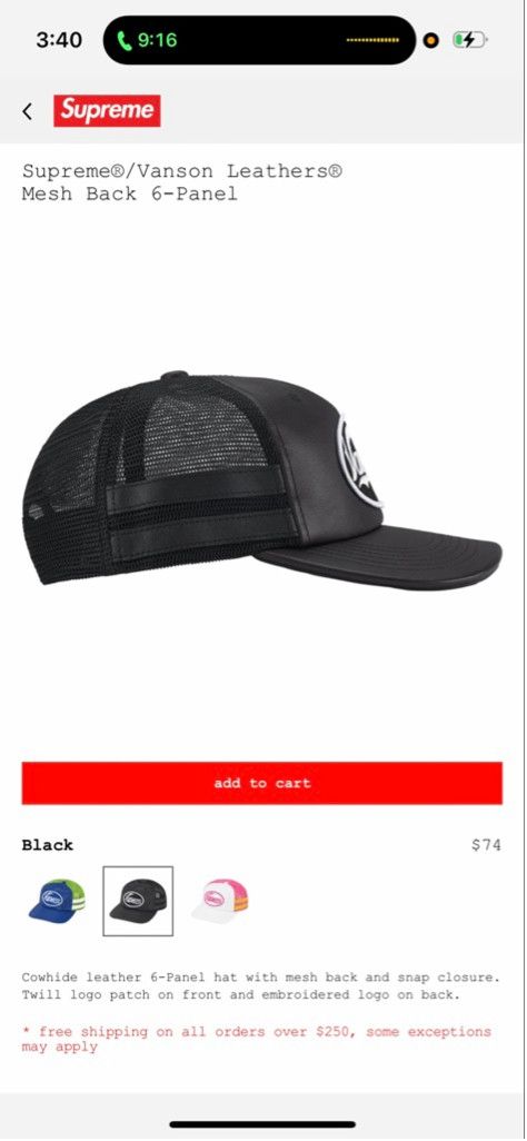 Supreme Supreme x Vanson Leathers Mesh Back 6-Panel Hat Black Size ONE SIZE - 2 Thumbnail