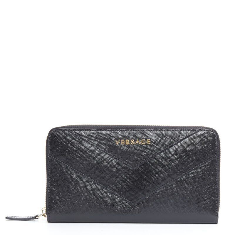 new VERSACE black saffiano leather gold logo V stitch continental
