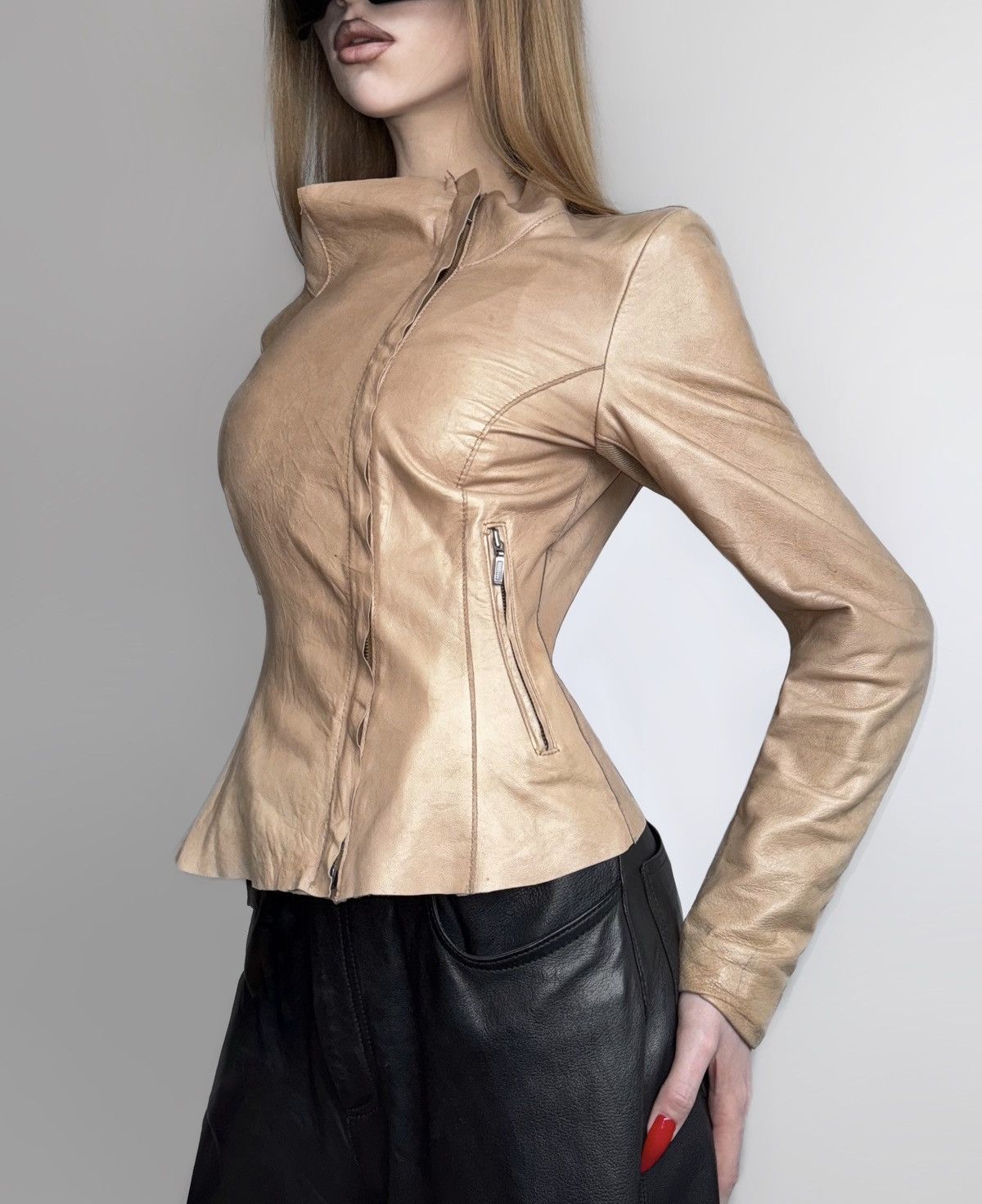 image of Vintage Amazing Leather Avant-Garde Distressed Jacket in Cream, Women's (Size Small)