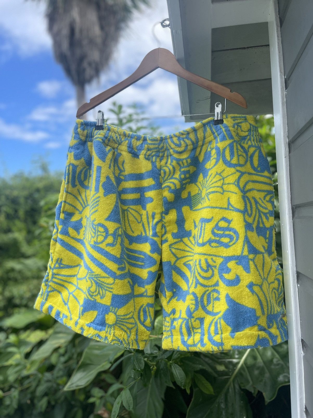 image of Chrome Hearts Miami Exclusive Art Basel 69 Towel Shorts in Blue/Yellow, Men's (Size 38)