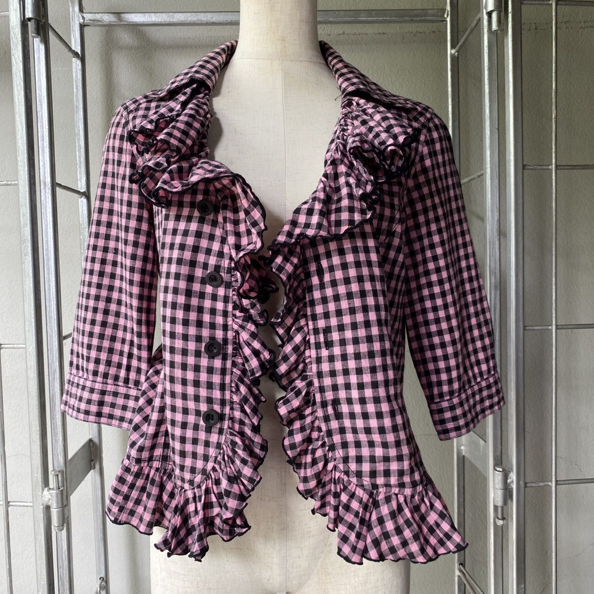 Japanese Brand ALGONGUINS Y2K Punk Pink Black Gingham Ruffle Blouse Size M / US 6-8 / IT 42-44 - 21 Thumbnail