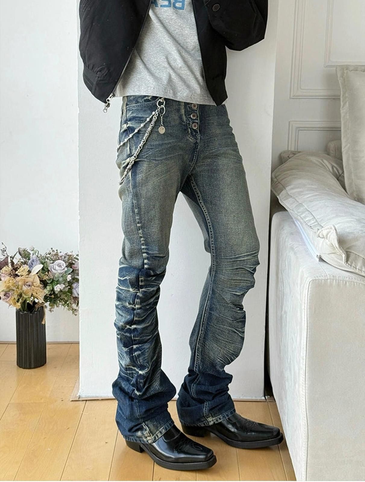 Vintage Blue Slim Fit Button-Fly Jeans, Ruched Detail Denim Pants Size US 32 / EU 48 - 2 Thumbnail