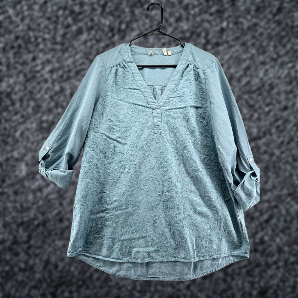 Soft Surroundings Soft Surroundings Tunic Blouse Blue Women's Large Lillith Embroidered Linen, 3/4 Sleeve, V-Neck, Pullover, Lightweight Casual Designer Top Size L / US 10 / IT 46 - 1 Thumbnail