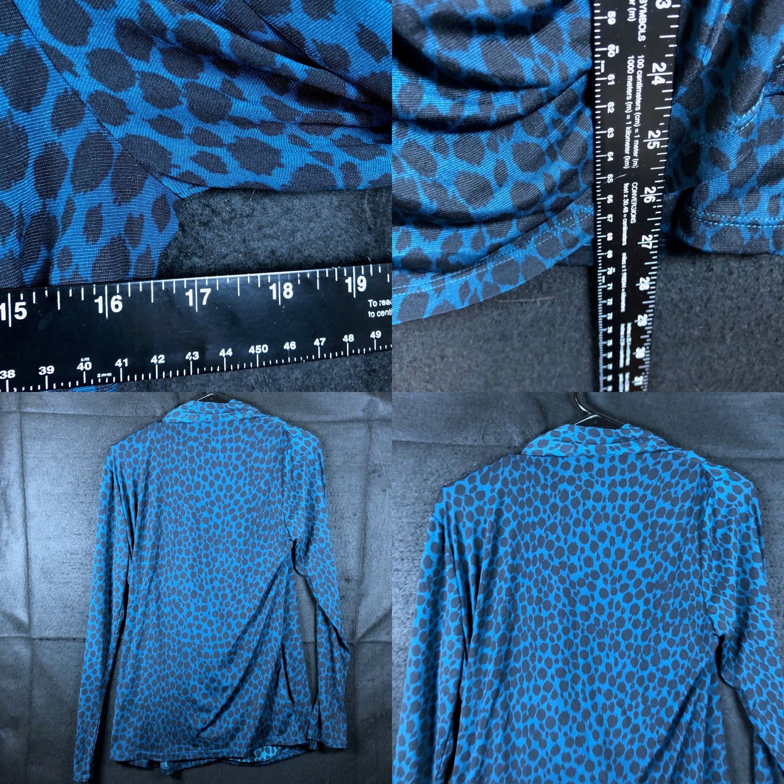 Ann Taylor VINTAGE Ann Taylor Womens Blouse Blue Black Ruched Wrap Plunge Neck Stretch Large Shirt Womens Boho Workwear New to N/A Size L / US 10 / IT 46 - 8 Thumbnail