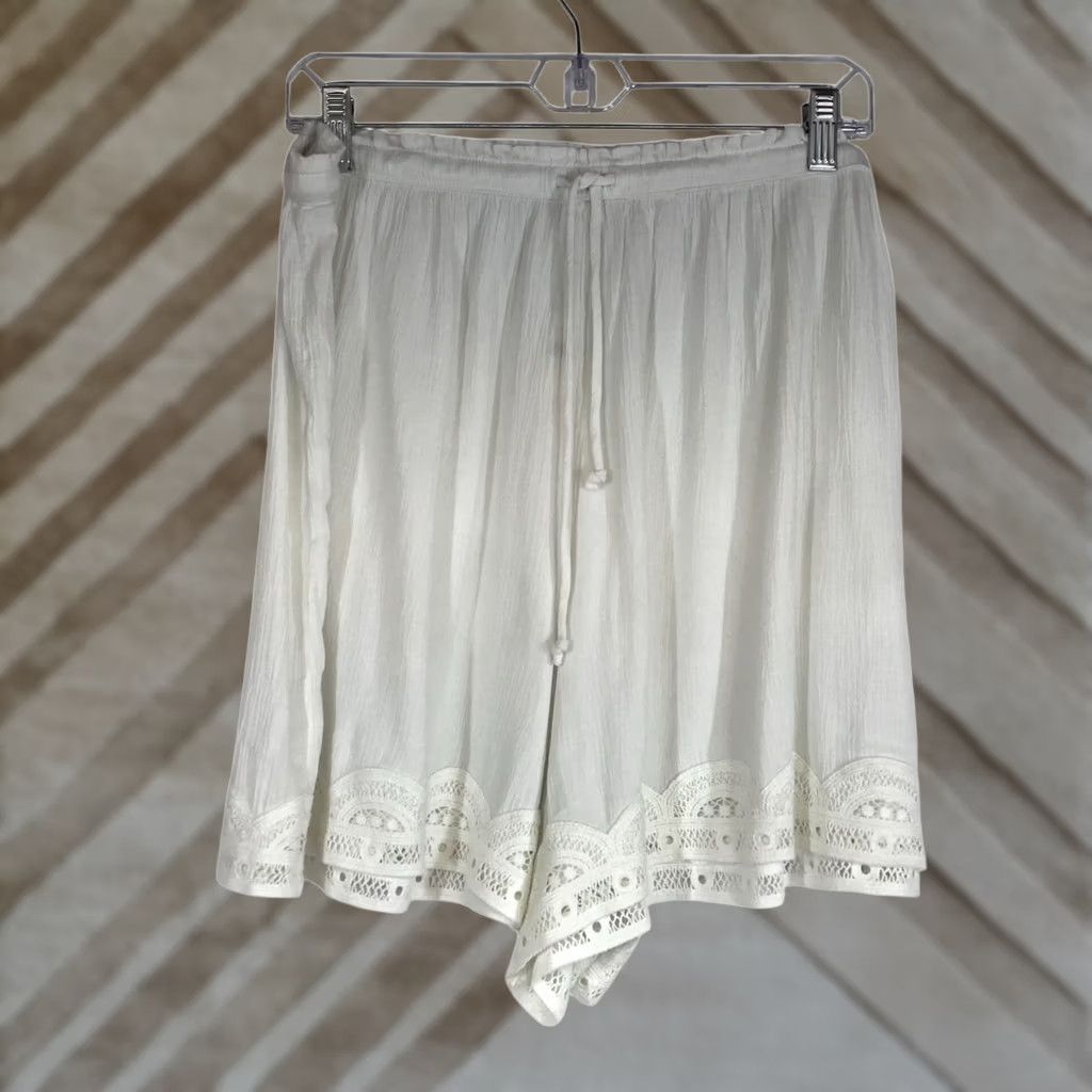 Vintage AERIE WOMEN'S SLEEP SHORTS White Drawstring Waist Lace Detail Casual Shirt? Size 36" / US 14 / IT 50 - 1 Thumbnail