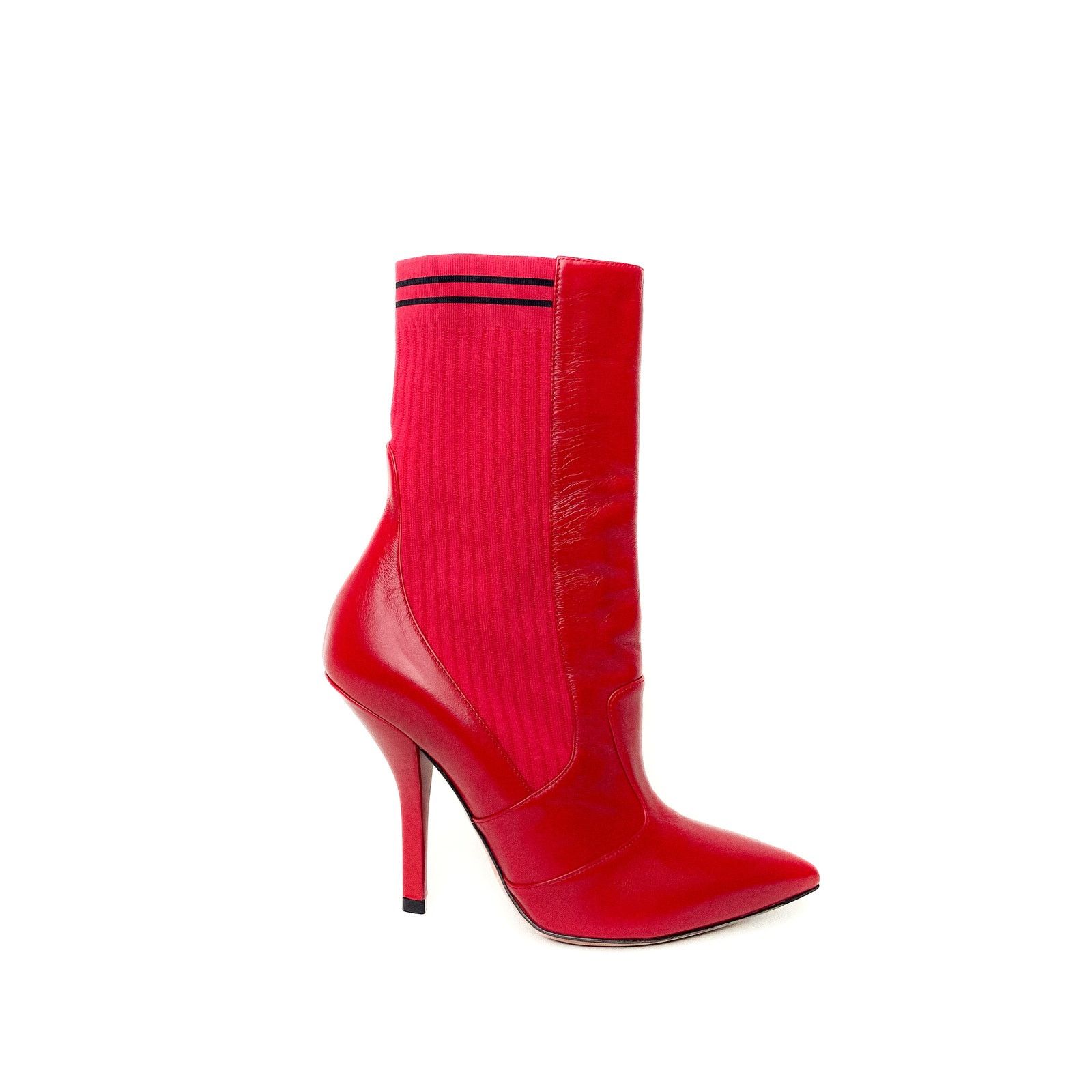 Fendi Red Leather And Knit Rockoko Ankle High Heel Boots Size US 8.5 / IT 38.5 - 1 Thumbnail