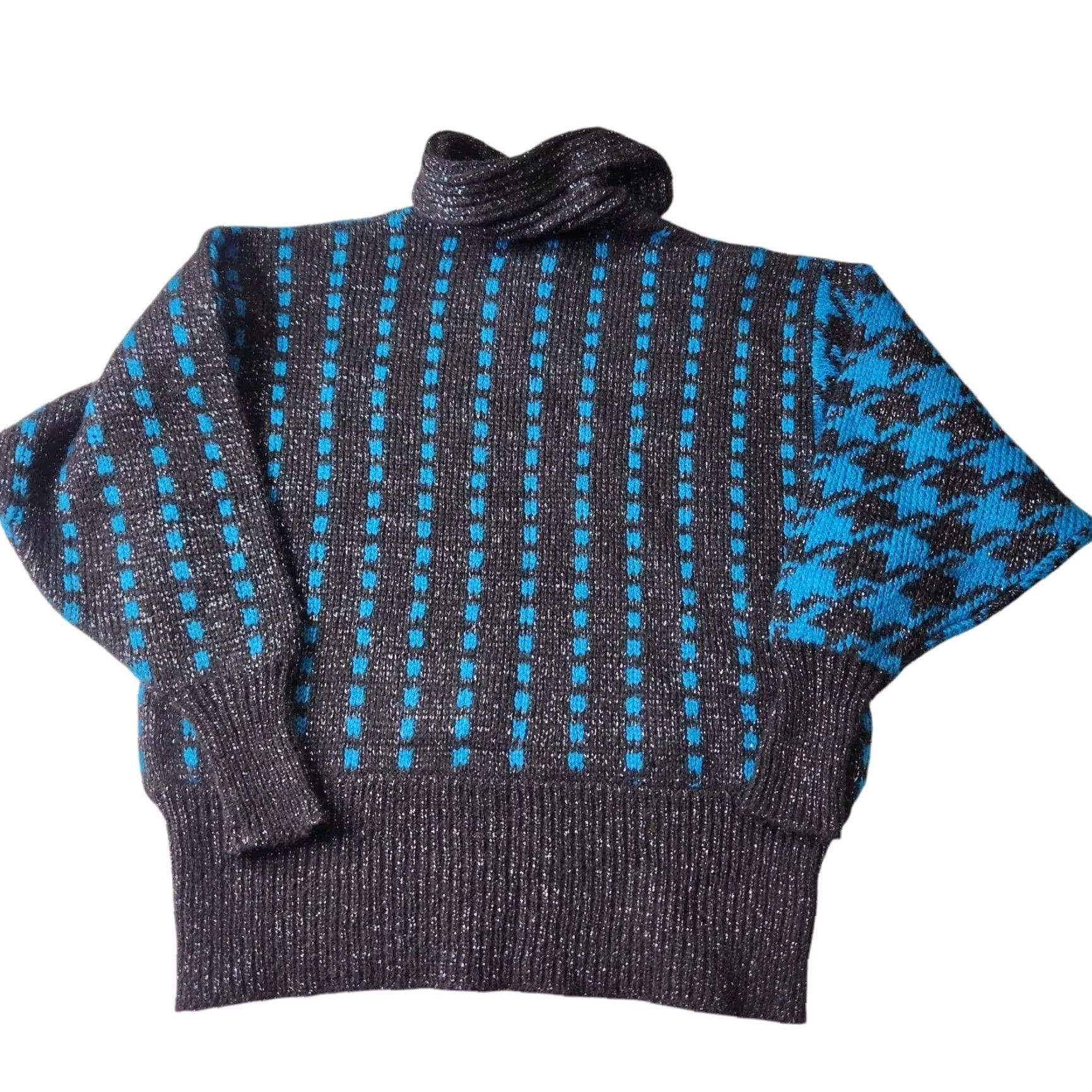 Jaeger VINTAGE Jaeger London Ski Sweater Womens Teal Houndstooth Mohair Blend 90s Cowl Neck Pullover Size L / US 10 / IT 46 - 3 Thumbnail