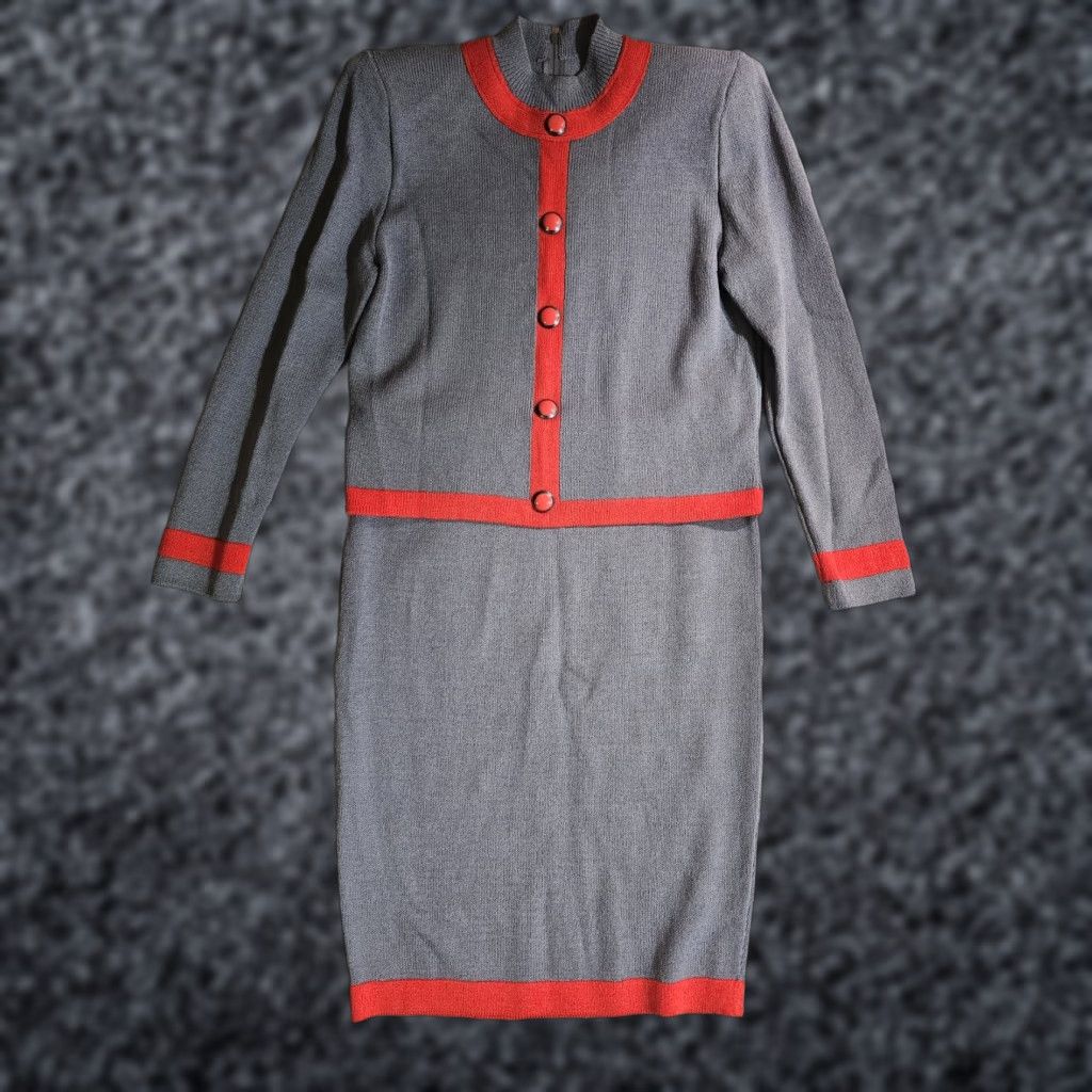 St. John VINTAGE St John Collection by Marie Gray Knitted Grey & Orange Trimmed Suit Sz 4 Top & Bottom Set / 2 Piece / Wool Blend / Regular Fit / Women Size S / US 4 / IT 40 - 1 Thumbnail