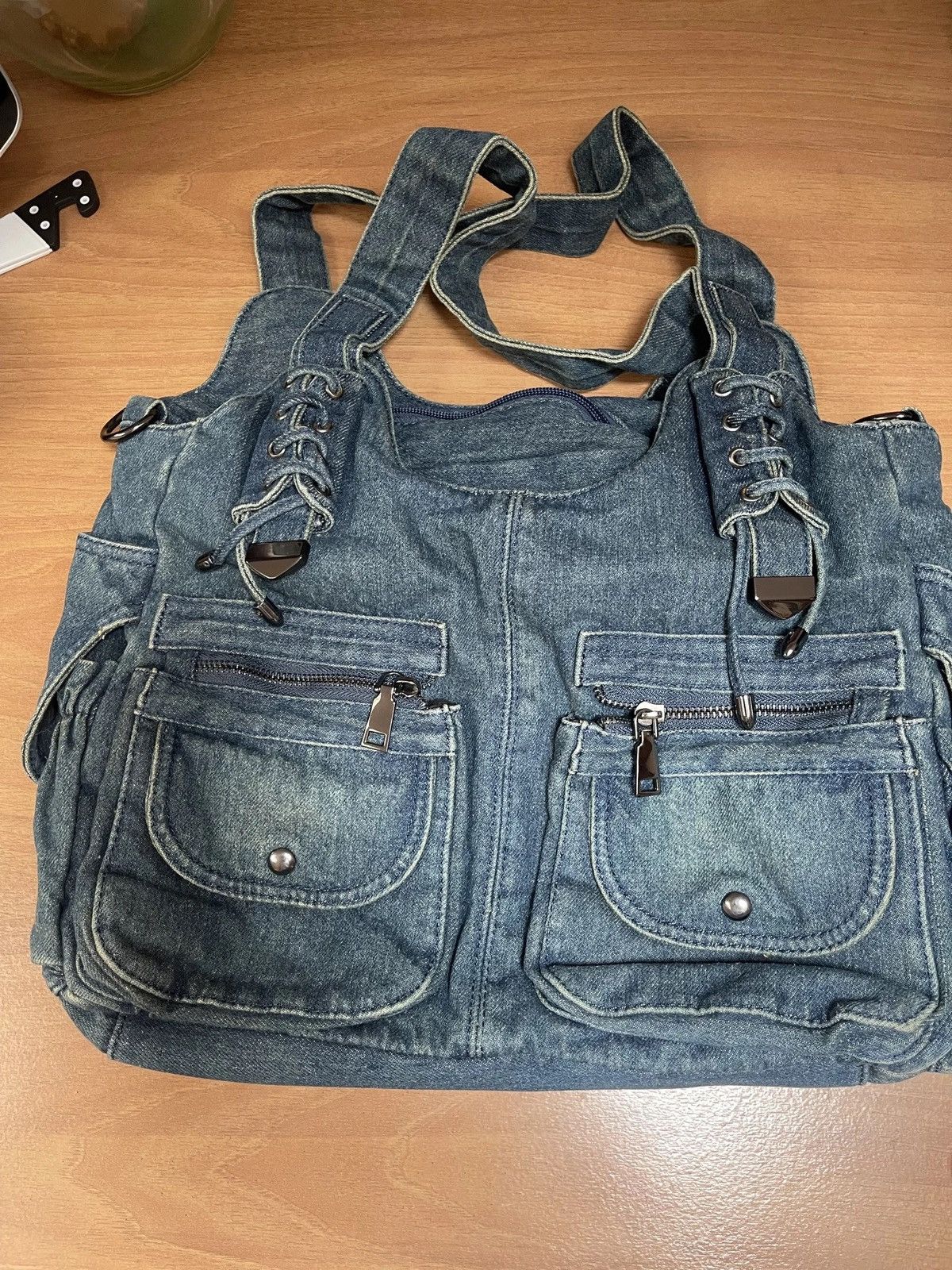 Vintage Y2k Casual Denim Tote Bag Hobo Bag with Pockets Size ONE SIZE - 7 Thumbnail