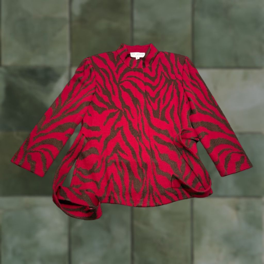 St. John VINTAGE ST. JOHN Santana Knit Zebra Animal Patterned Belted Sweater Jacket Women Size 10 Red Belted Wool Blend Knit Jacket Women Sz 10 Zebra Theme Size L / US 10 / IT 46 - 1 Thumbnail