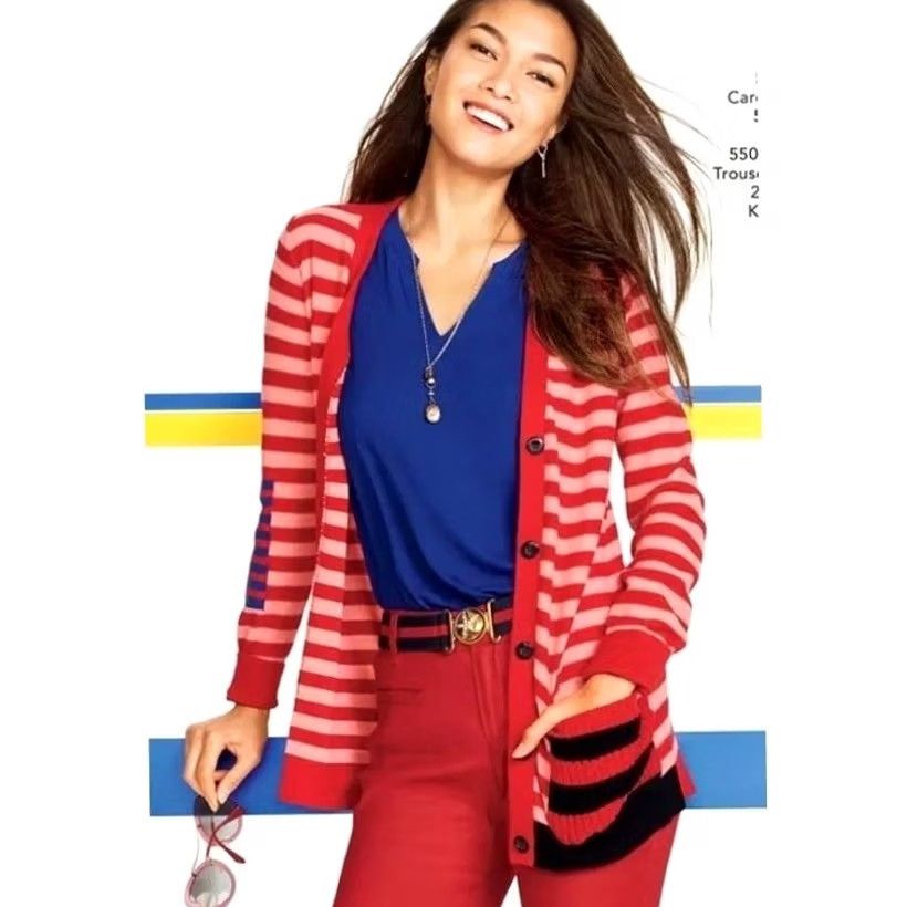 Vintage Cabi Striped Cardigan Sweater Women’s Red Pink Cotton Sz M Pocket 5446 Size M / US 6-8 / IT 42-44 - 2 Thumbnail
