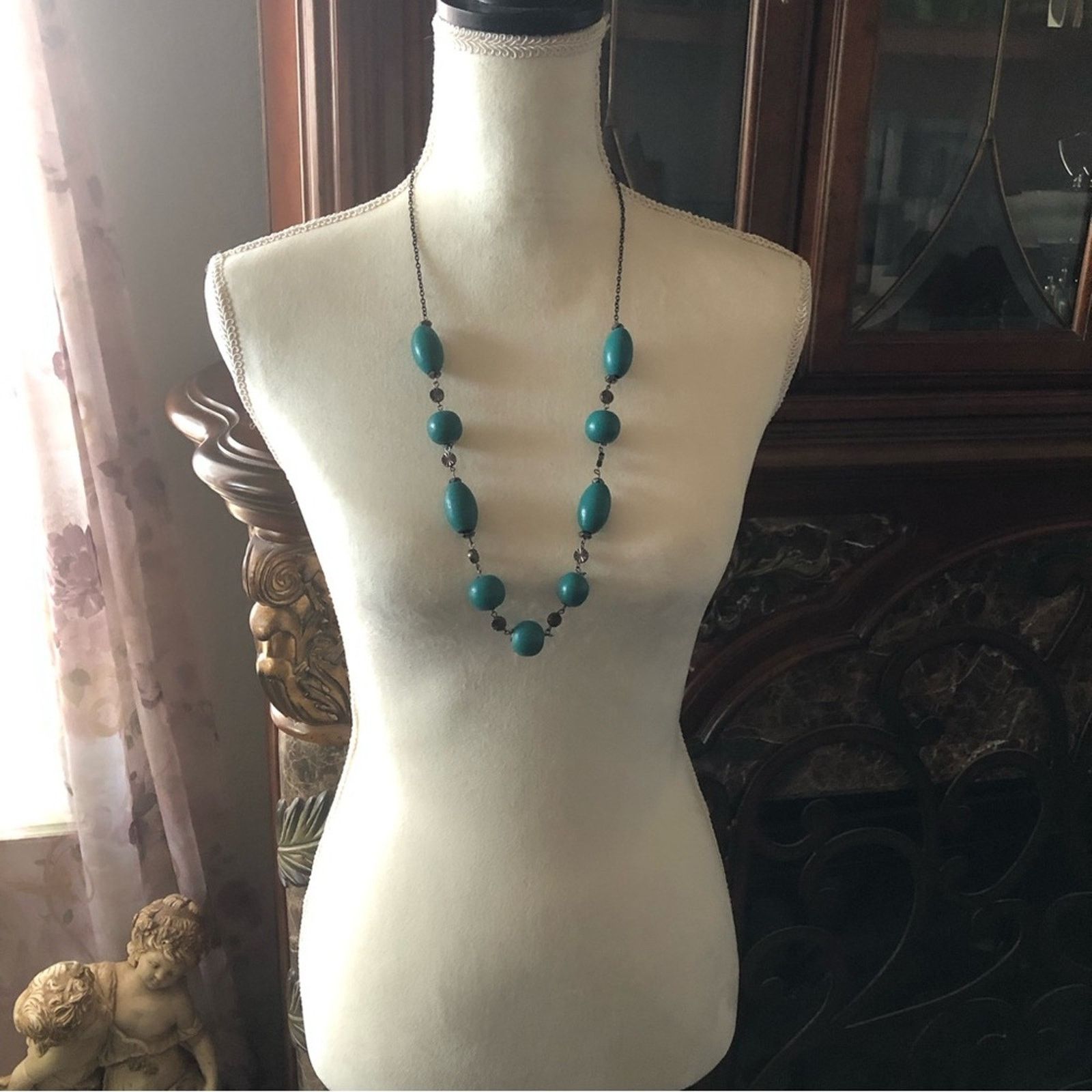 Jewelry Dark teal green wood bead gunmetal chain necklace Size ONE SIZE - 5 Thumbnail