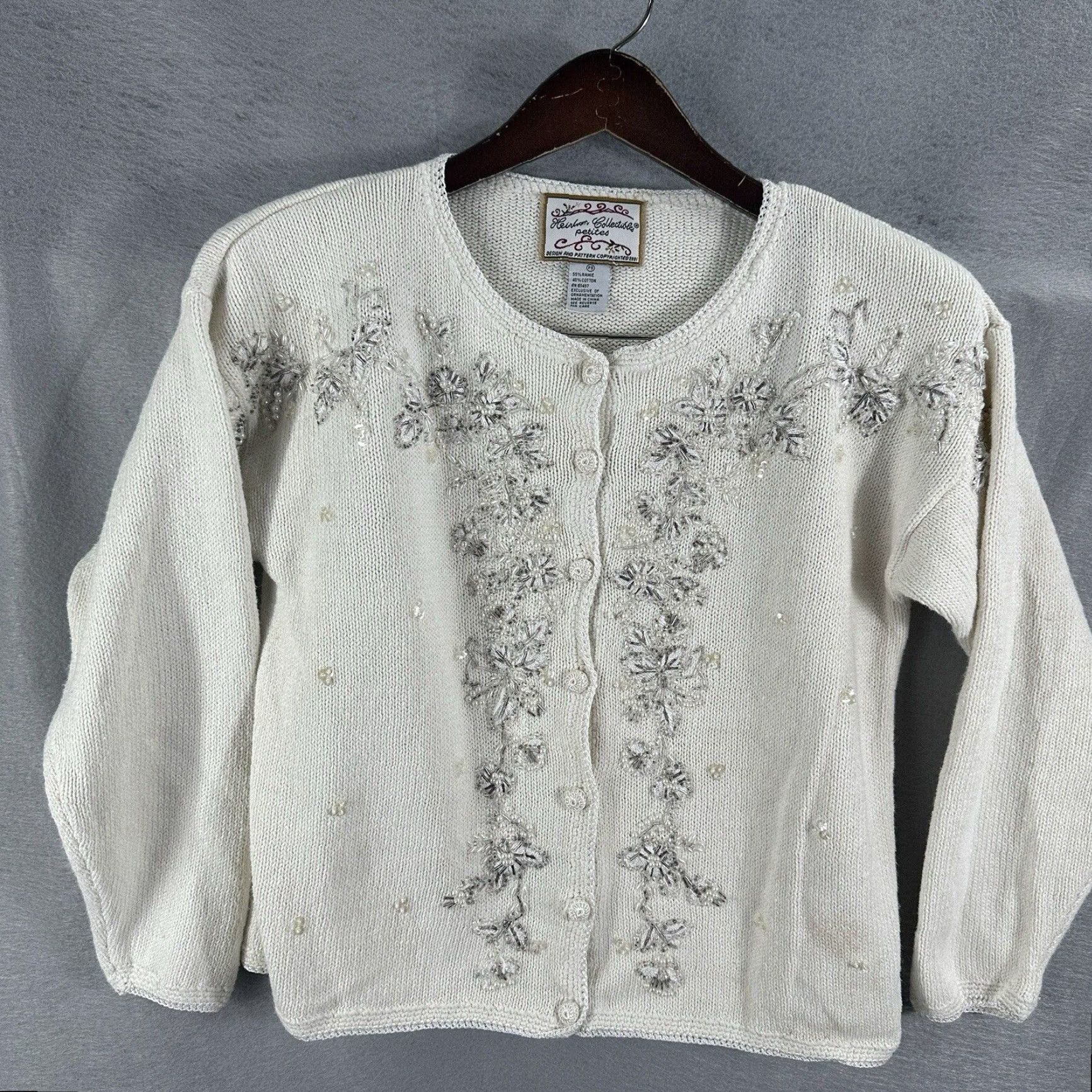 Vintage Vintage Heirloom Collectibles Women's Sweater Cardigan S Floral Beaded Knitted White Autumn Winter Size S / US 4 / IT 40 - 2 Thumbnail