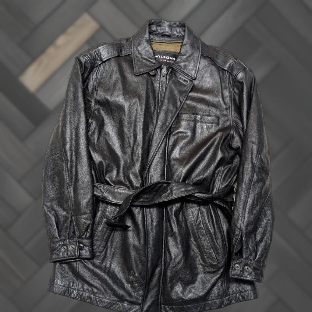 Vintage VINTAGE WILSONS Leather Belted Car Coat Jacket L Mens 44 Black Belted 1990s Size US L / EU 52-54 / 3 - 1 Thumbnail