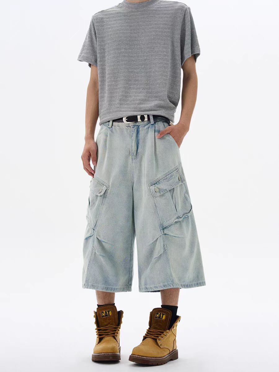 Japanese Brand Washed and distressed frayed baggy 7-minute denim shorts Size US 30 / EU 46 - 4 Thumbnail