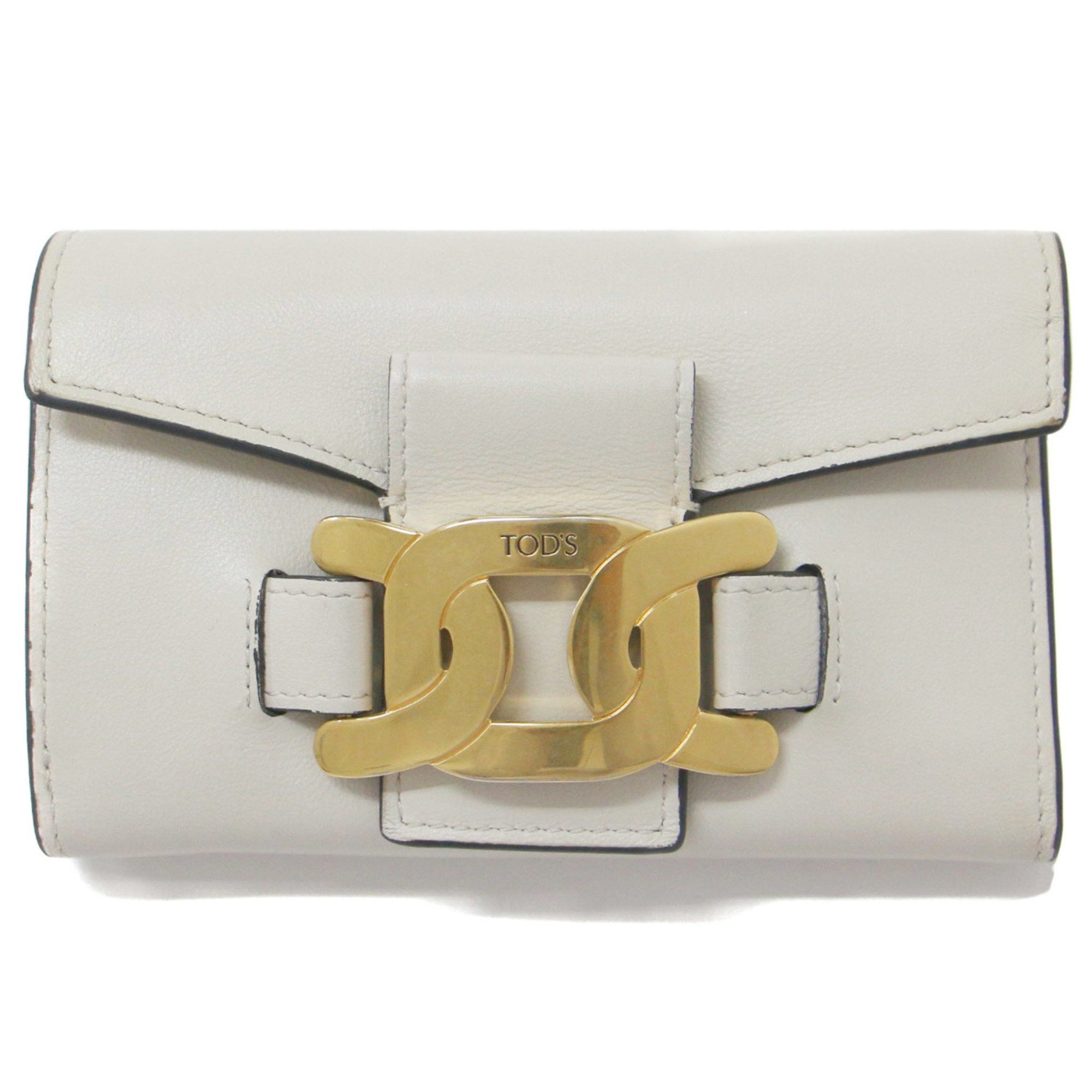 image of Tod's Tods Wallet Bifold Chain Motif Metal Flap Leather White Gold Ladies, Women's