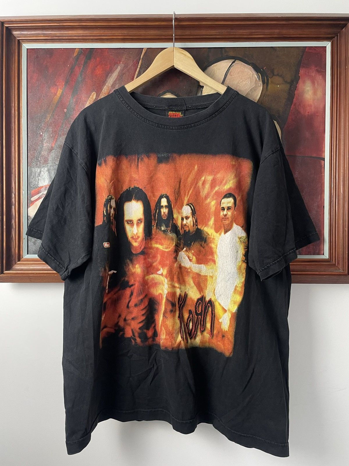 image of Band Tees x Rock T Shirt Korn Vintage Band Rock Metal Tee Flame Print Goth Hype in Black (Size XL)