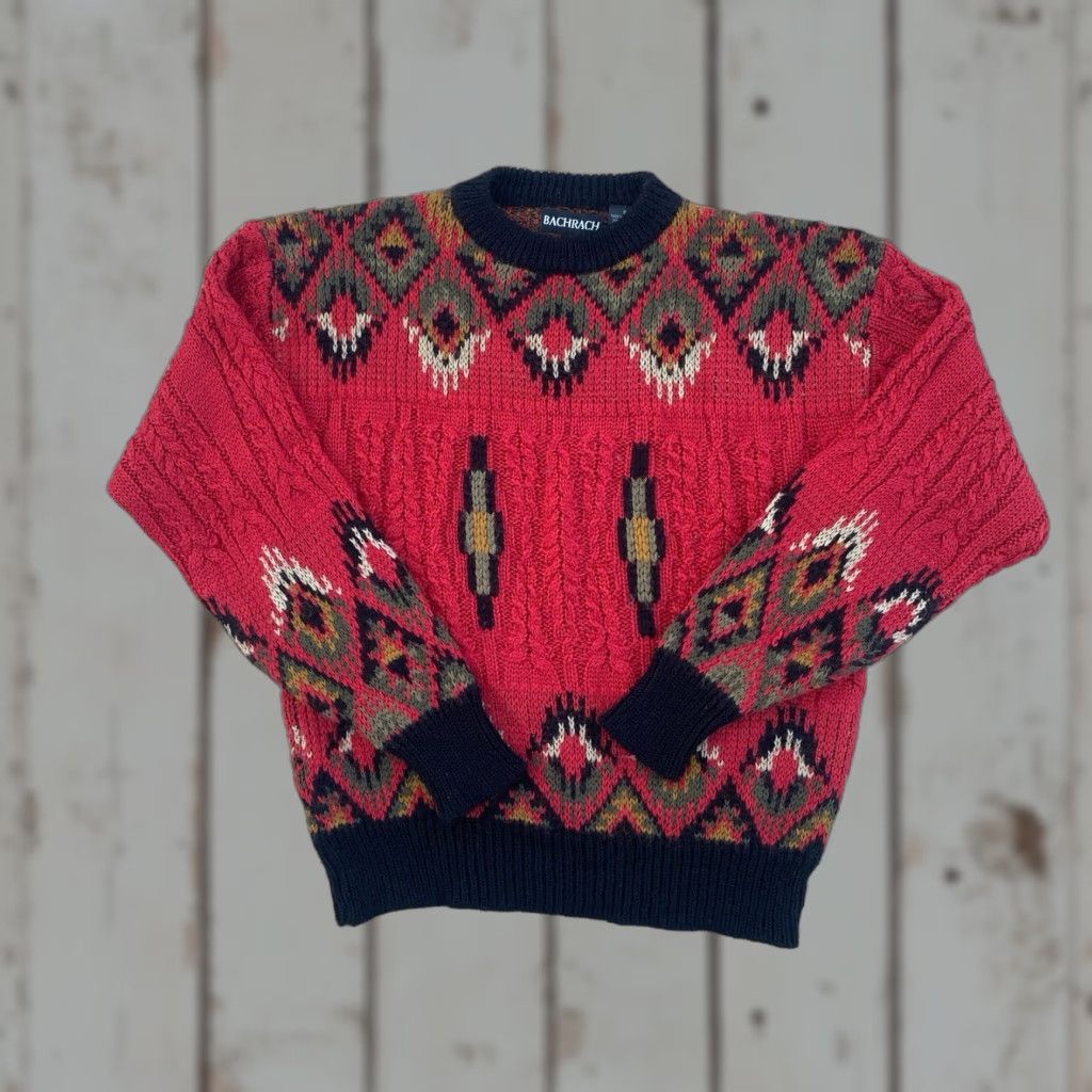 VINTAGE Bachrach Sweater Men’s Small Wool Acrylic Geometric Aztec Navajo 90s Colorful Pullover Crew Neck Long Sleeve Heavyweight All Seasons Mens