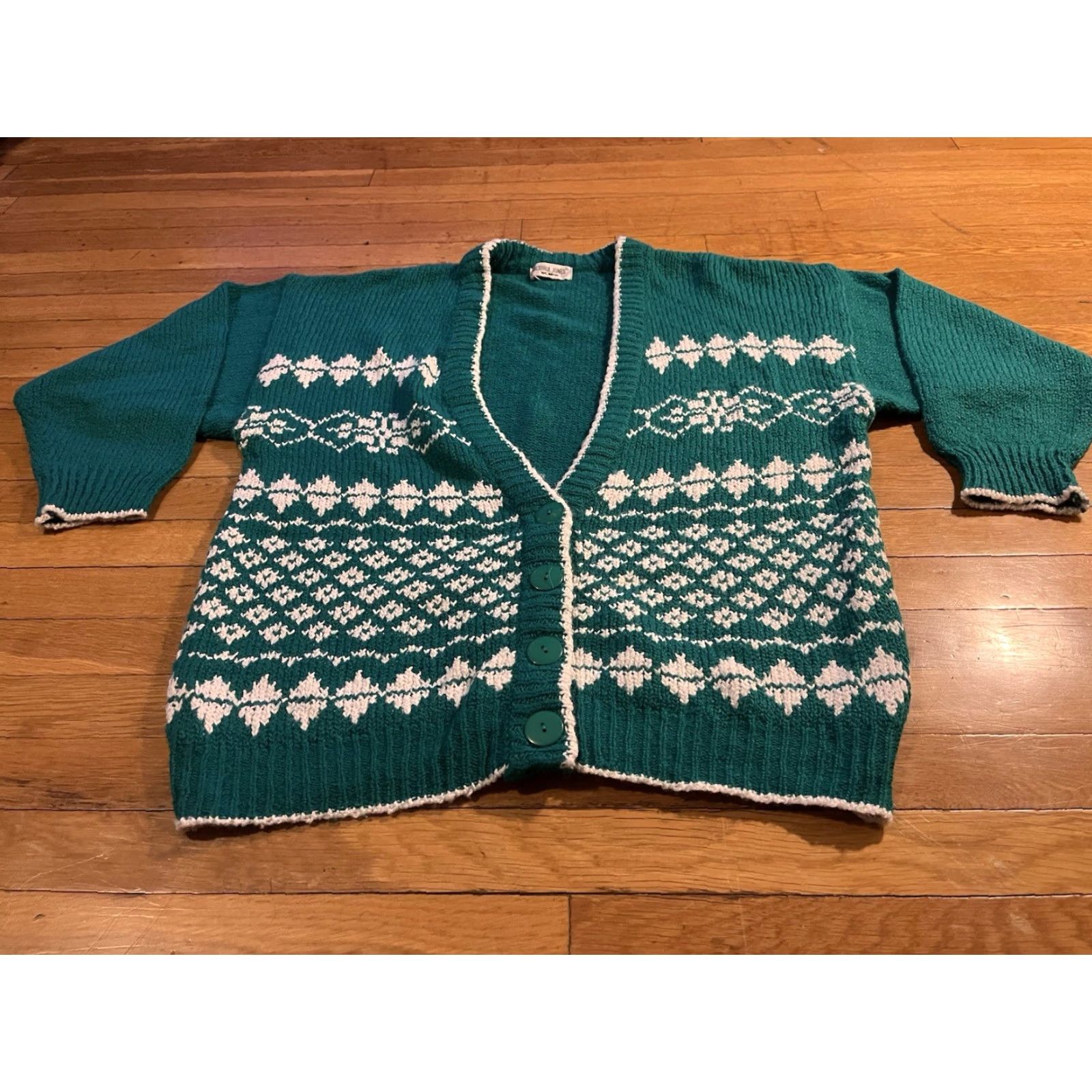 Vintage VINTAGE Victoria Jones Cardigan Sweater Women’s 2X Green White 90s Oversized Knit V-Neck Button Mens? Size XXL / US 16-18 / IT 52-54 - 2 Thumbnail
