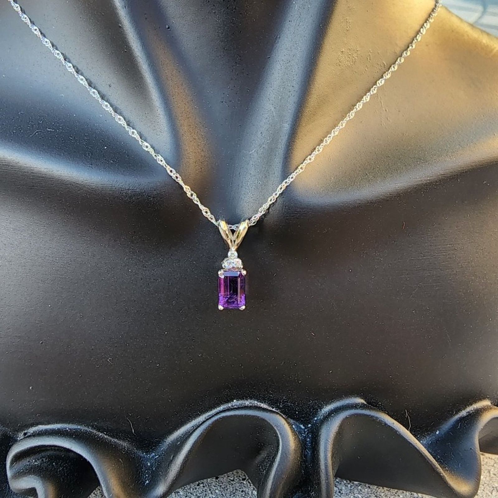 Designer Stamped 14K White Gold Diamond Amethyst Pendant Necklace Size ONE SIZE - 1 Thumbnail
