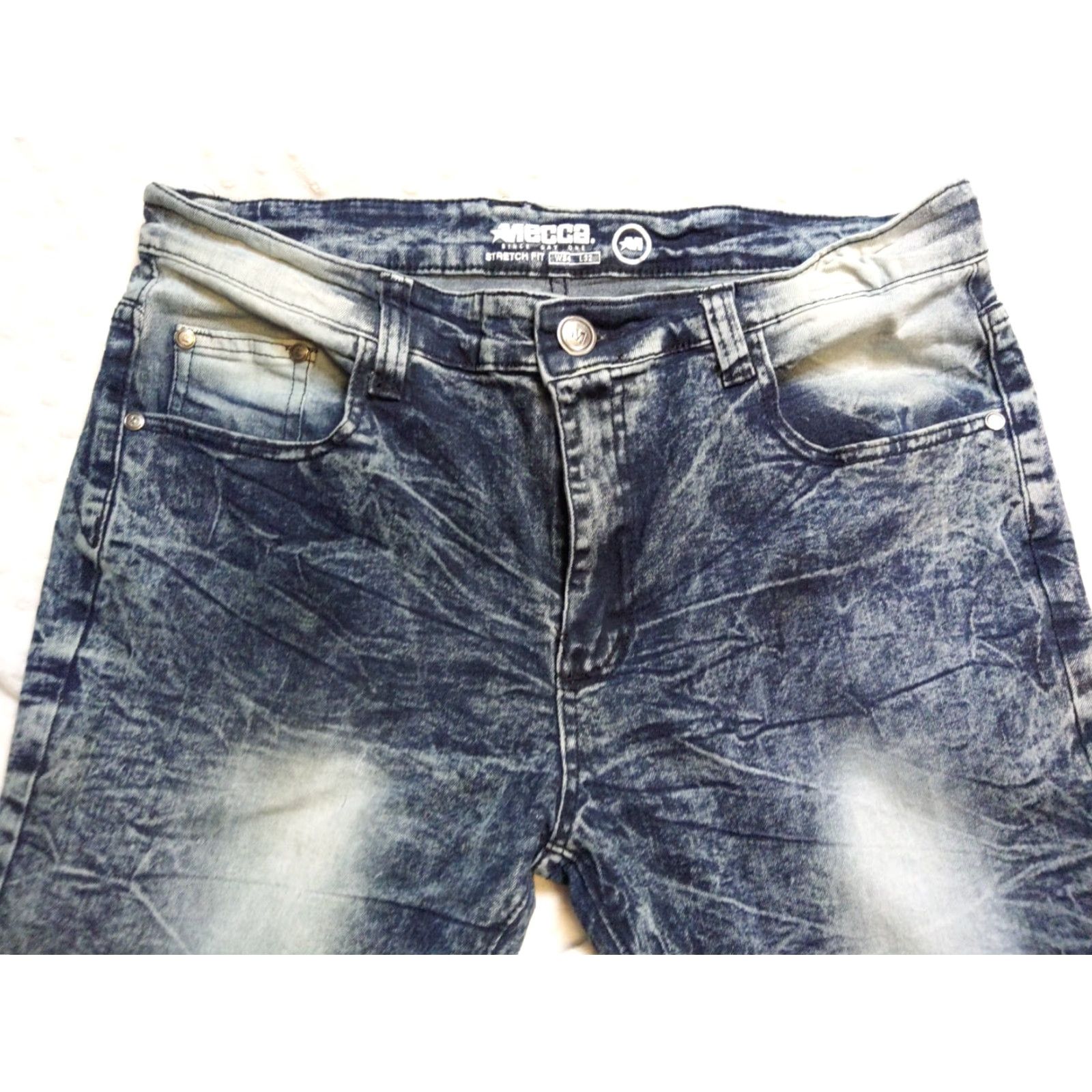 Vintage Mecca Jeans Slim 34x30 Denim Acid Wash 5-Pocket Stretch Fit Mens Blue 90s Theme Skinny Mid Rise Jeans Size US 34 / EU 50 - 4 Thumbnail