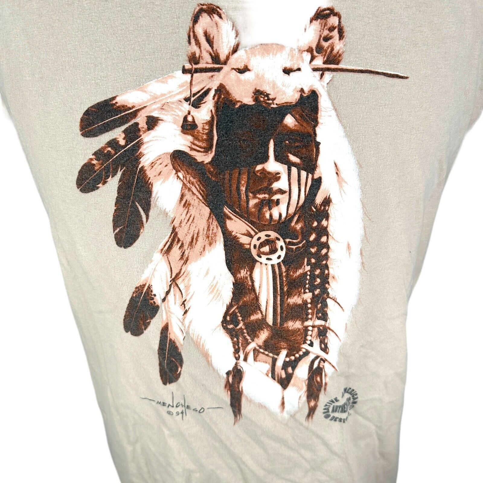 The Unbranded Brand Vintage Menchego Native American T-Shirt Men L Beige Cotton Size US L / EU 52-54 / 3 - 2 Thumbnail