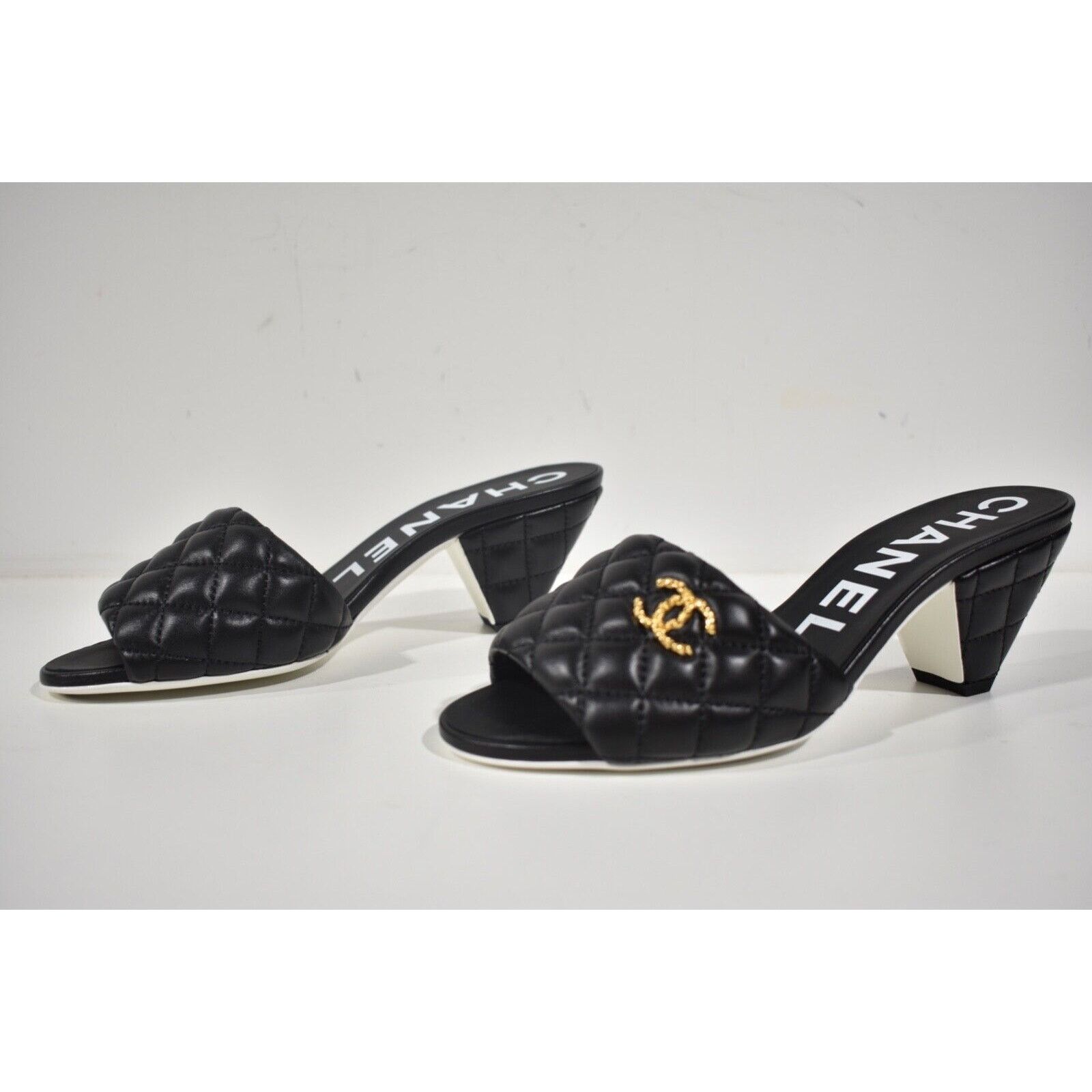 Chanel REV Quilted CC Logo Cone Heel Mule Slide Sandal 37.5 Size US 7.5 / IT 37.5 - 9 Thumbnail
