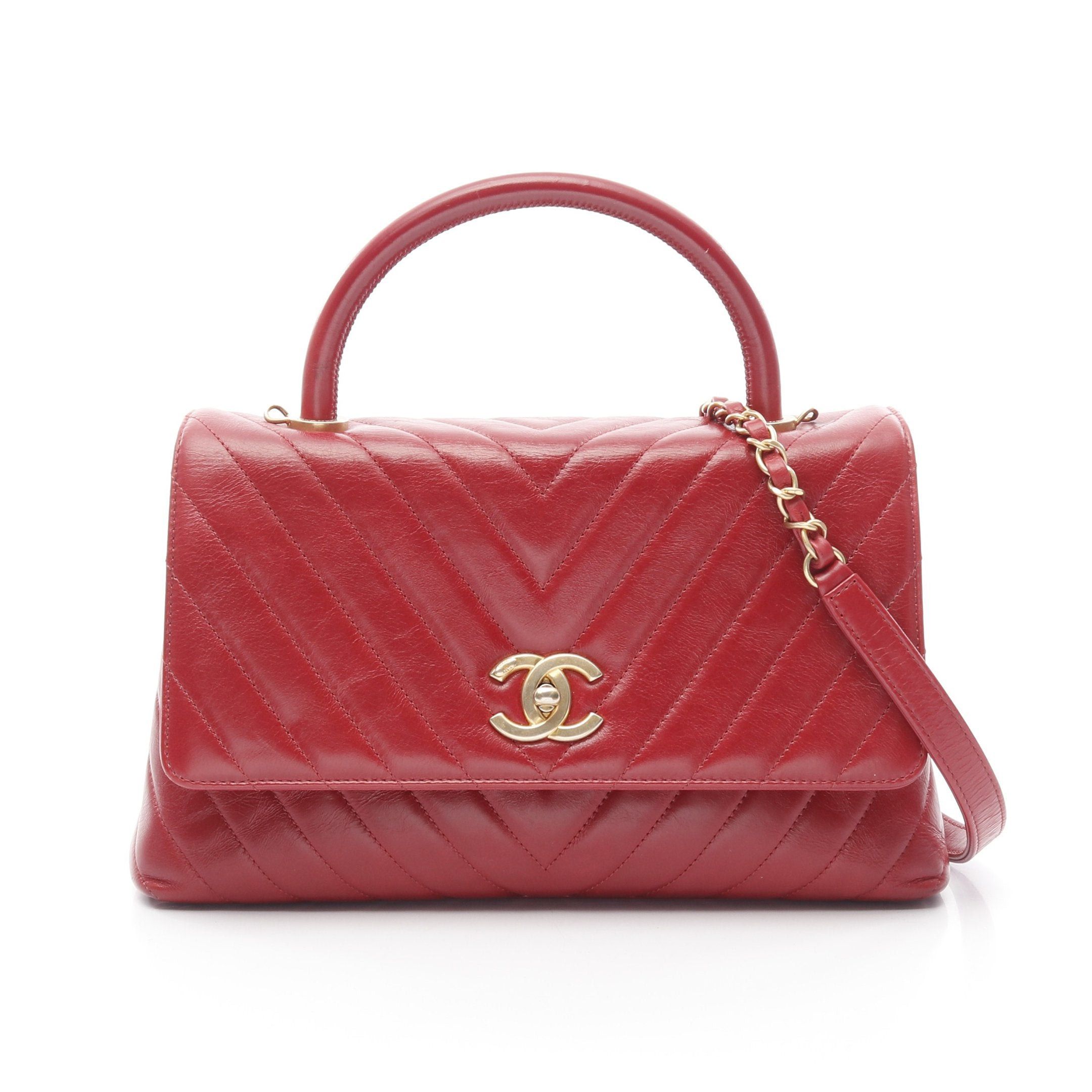 Chanel Coco Handle 29 Top Flap Bag V-Stitch Chevron Handbag Leather Red Gold Hardware, Women's