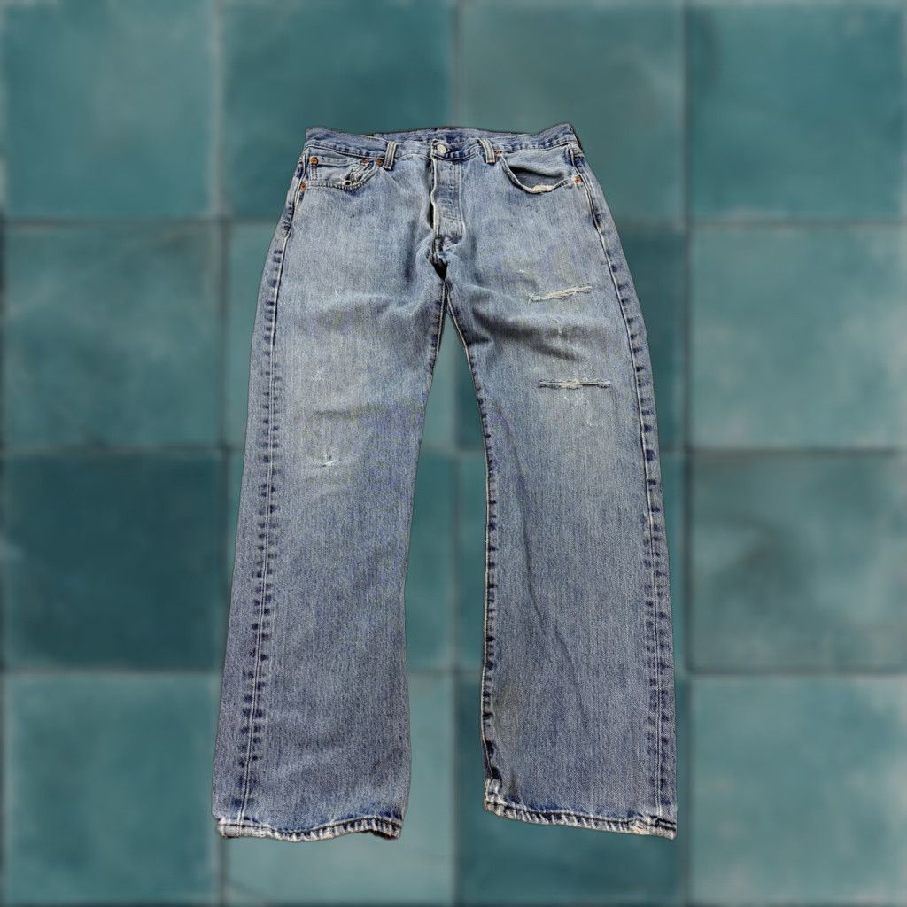 Levi's VINTAGE Levi's 501 Jeans Mens 34x30 Light Wash Blue Button Fly Straight Leg Distressed Size US 34 / EU 50 - 1 Thumbnail