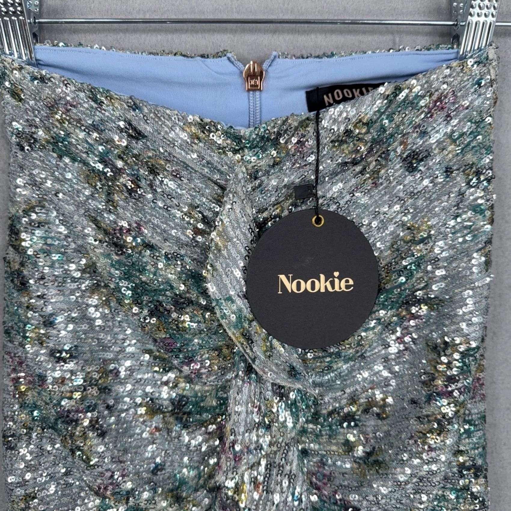 Vintage Nookie Forever Skirt Womens XS Blue Sequin Ruched Knot Front Mini Party Cocktail Size 26" / US 2 / IT 38 - 2 Thumbnail